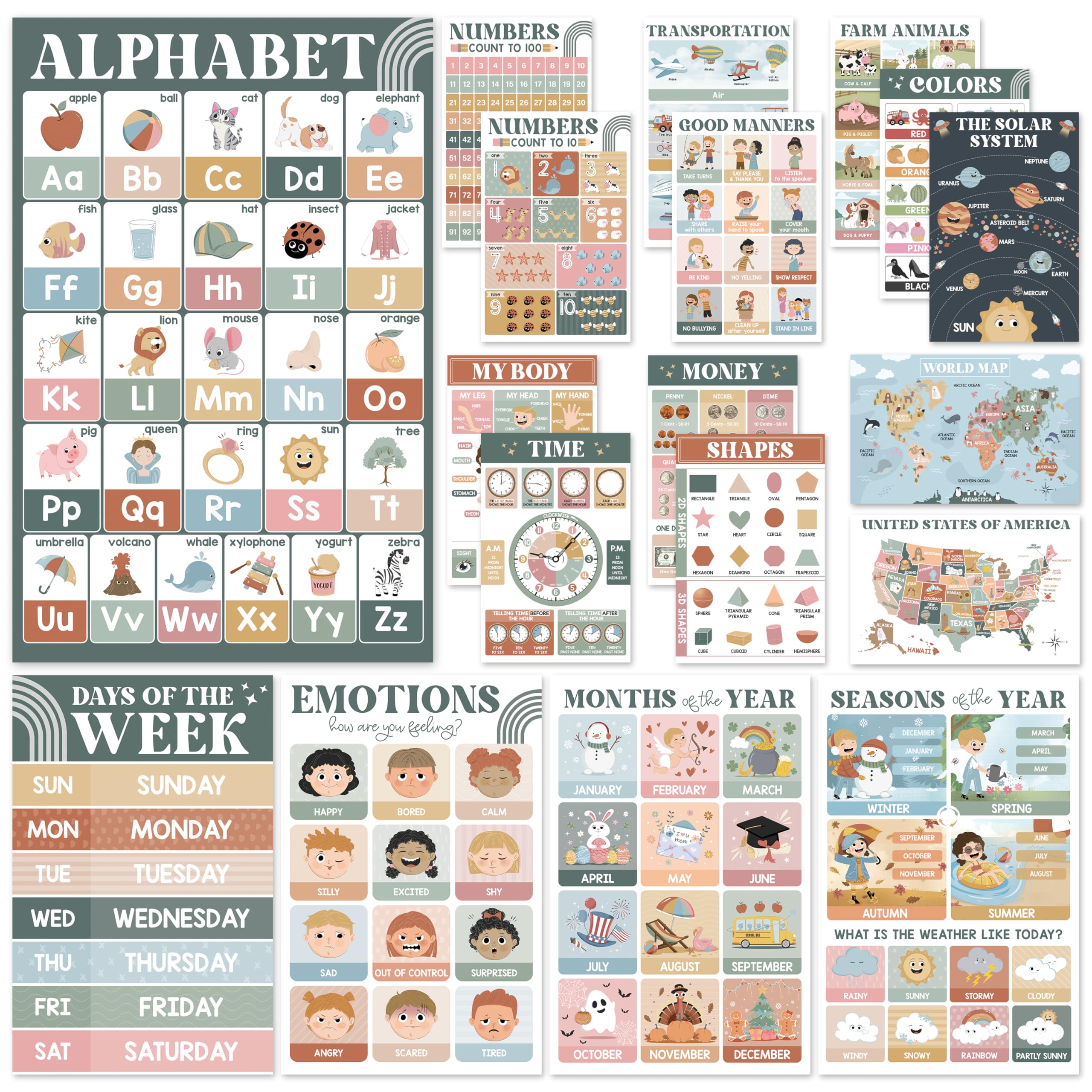 Buy now BEAWART 18 Laminated Educational Posters For Toddlers, Preschool Posters for Classroom, Kindergarten Wall Decor, PreK Learning Materials Alphabet Number Chart Modern Boho at indiglob india