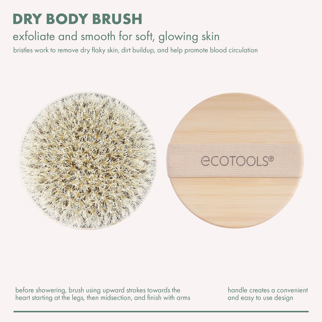 EcoTools Dry Body Brush for Dry Brushing, Smooth Skin, 1 Count | Soft, glowing skin, body scrub brush, leg exfoliator, travel size, bamboo handle