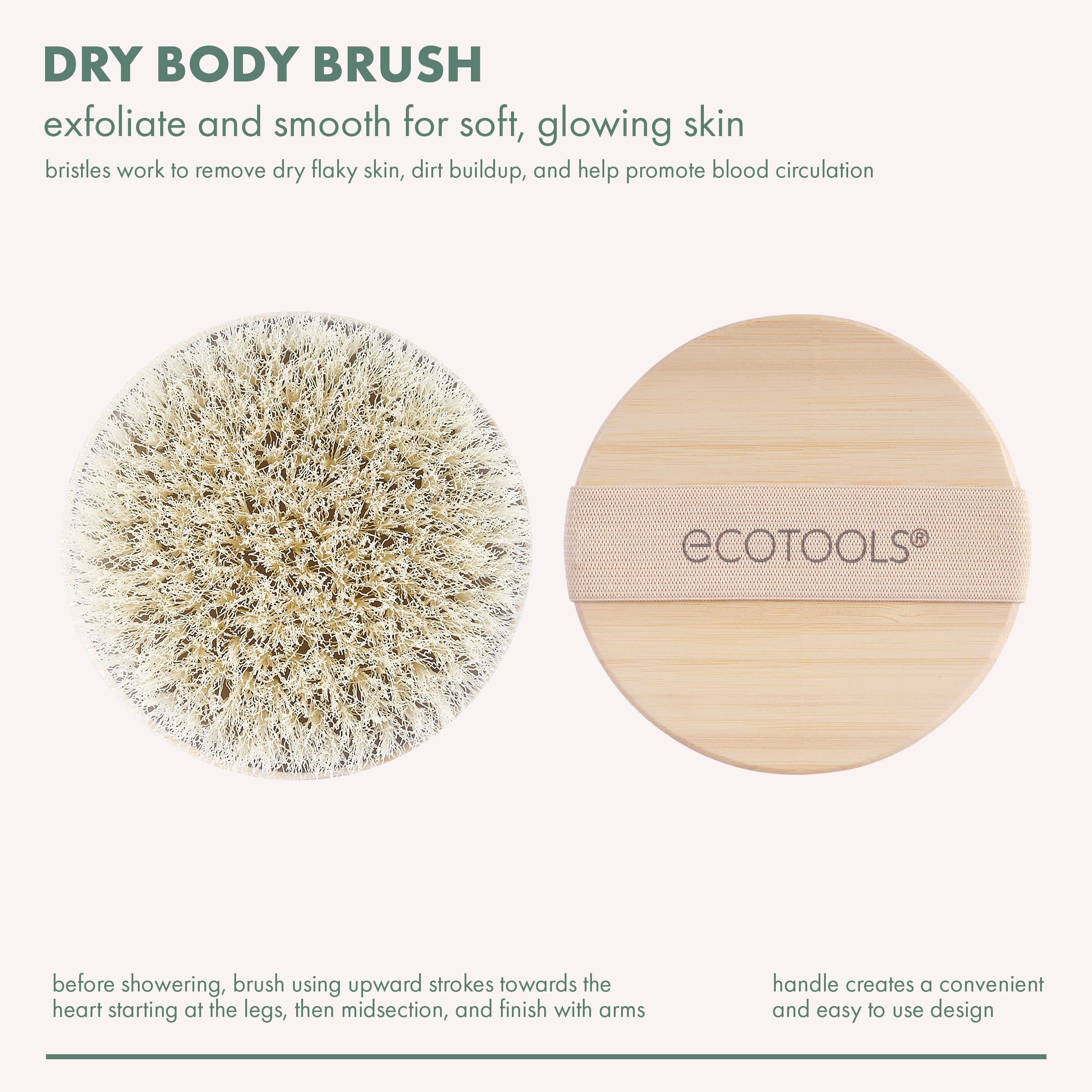 EcoTools Dry Body Brush for Dry Brushing, Smooth Skin, 1 Count | Soft, glowing skin, body scrub brush, leg exfoliator, travel size, bamboo handle