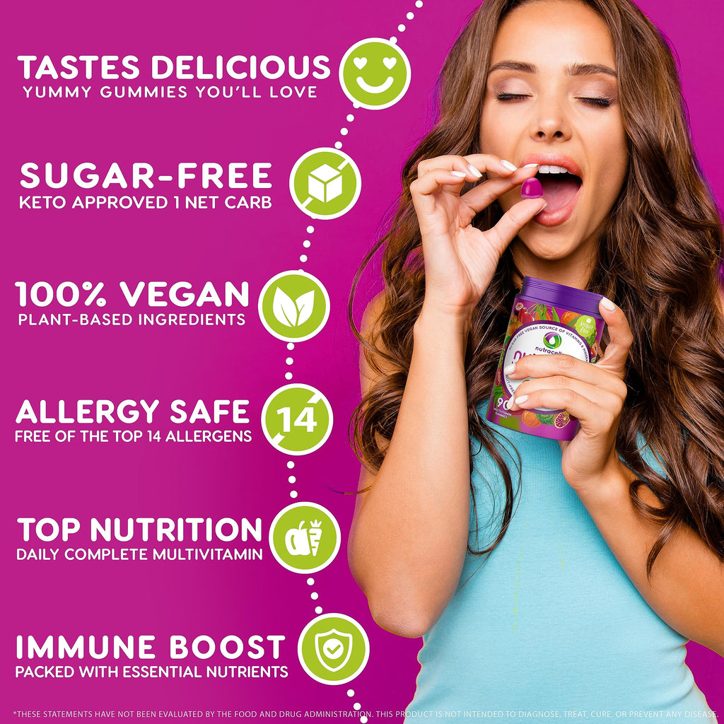 NUTRAMIN Daily Vegan Keto Multivitamin Gummies, Sugar-Free, 90 Count | Non-GMO Natural Vitamin C, D, Zinc for Immunity, Plant-Based, Nut-Free, Gluten-Free, Biotin, Vitamin A, B, B6, B12, 45-Day