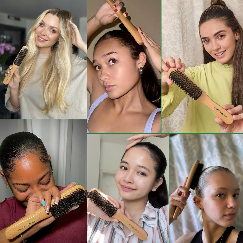 GranNaturals Boar Bristle Slick Back Hair Brush - Large Soft/Medium Smoothing Hairbrush to Style, Polish, & Lay Hair Down Flat to Create a Sleek Frizz Free Hairstyle for Women and Men