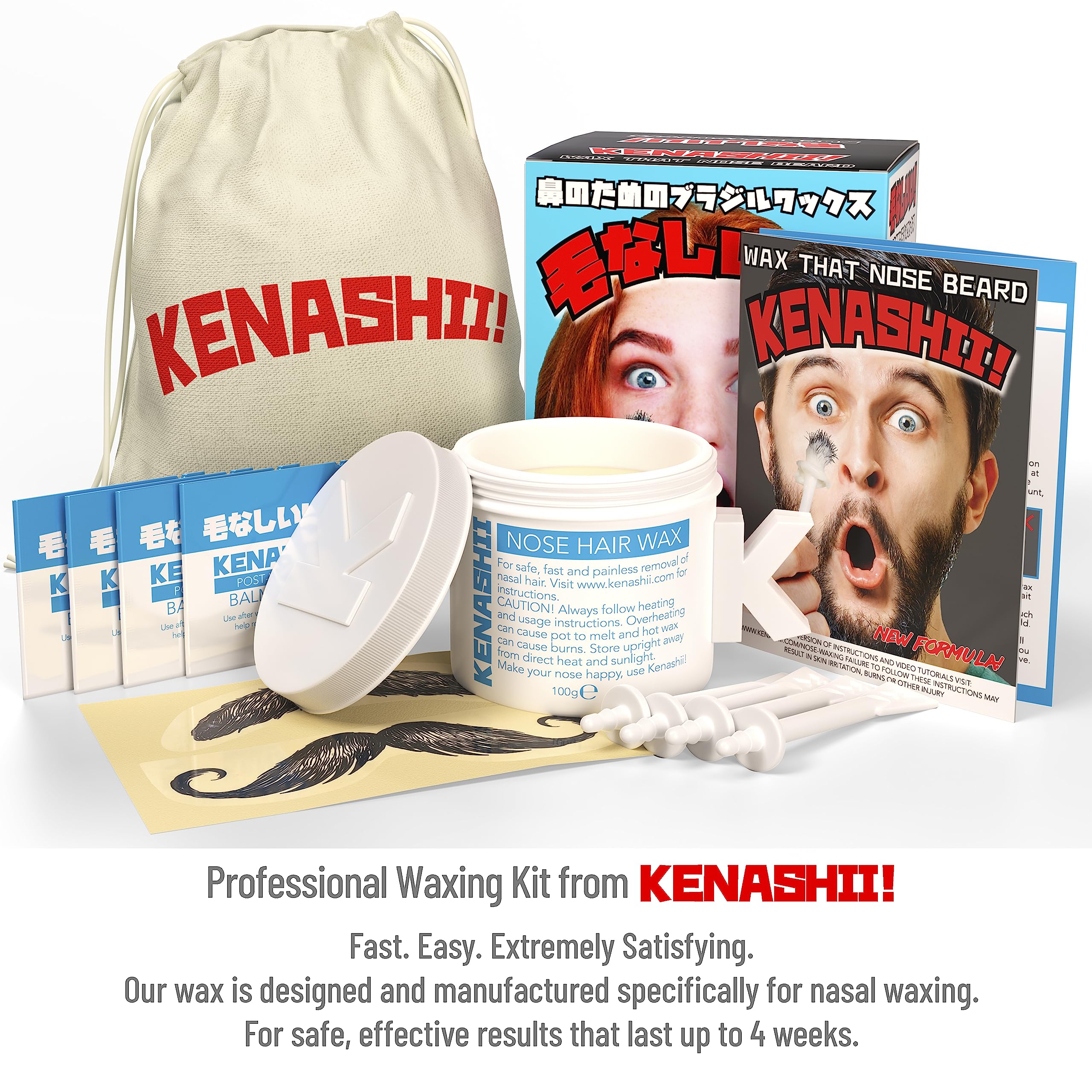 KENASHII Nose Wax Kit | 100 g Wax, 24 Applicators | The Original & Best Nose and Ear Hair Removal Kit from Kenashii | Nasal Waxing For Men and Women | Includes Balm Wipes, Mustache Guards, Storage Bag