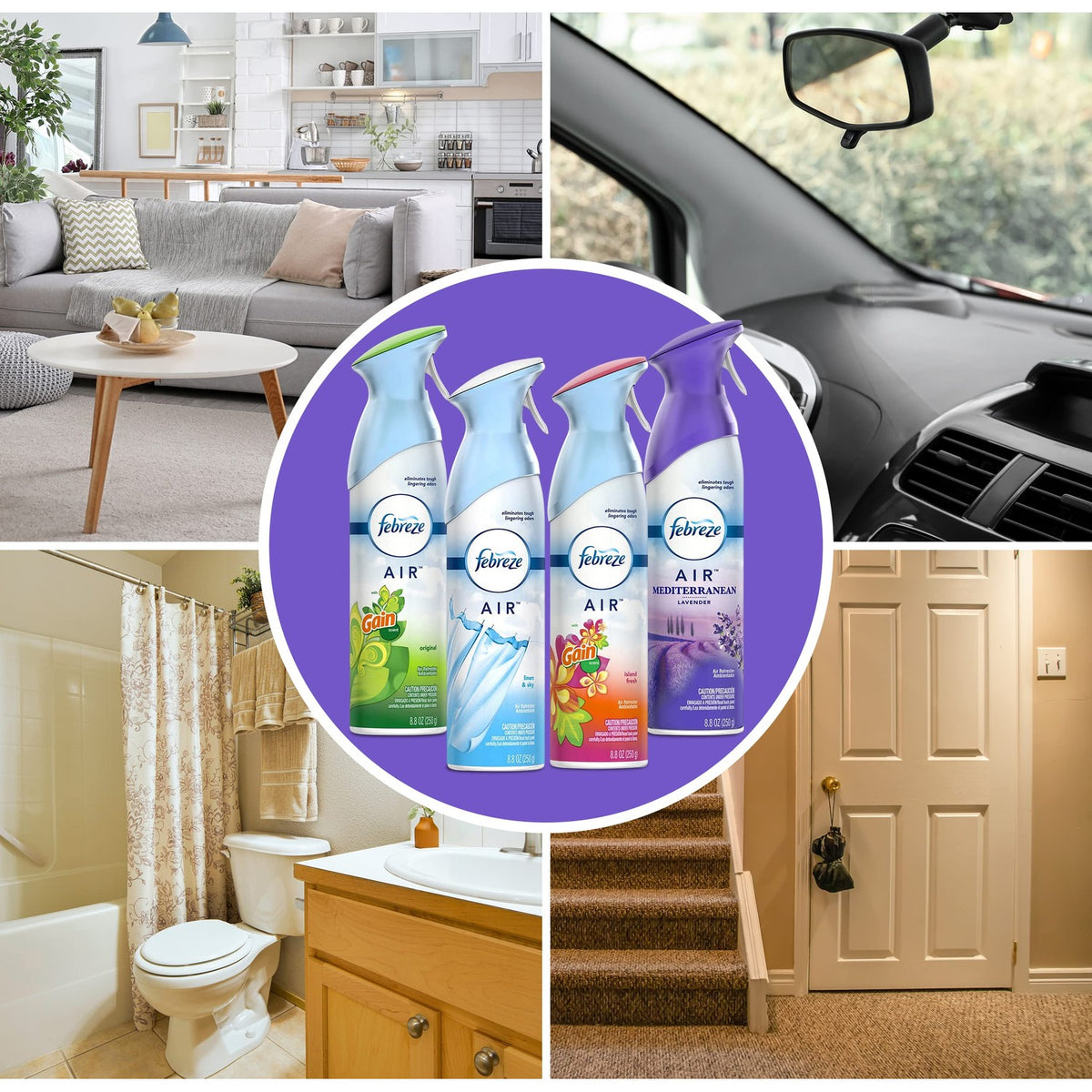 Febreze Air Freshener Odor Eliminator Spray, Assorted Scent Febreze & Bathroom Deodorizer, Original, Island Fresh, Linen Sky & Lavender, 4 Pack