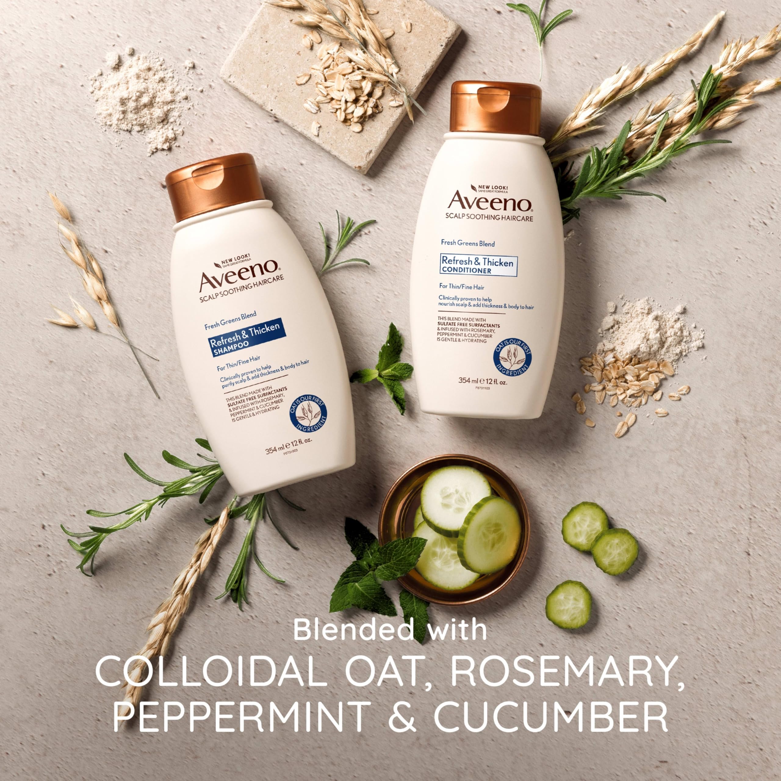 Aveeno Fresh Greens Blend Natural Volumizing Shampoo, Cucumber, Rosemary, for Fine Hair, 12 fl oz