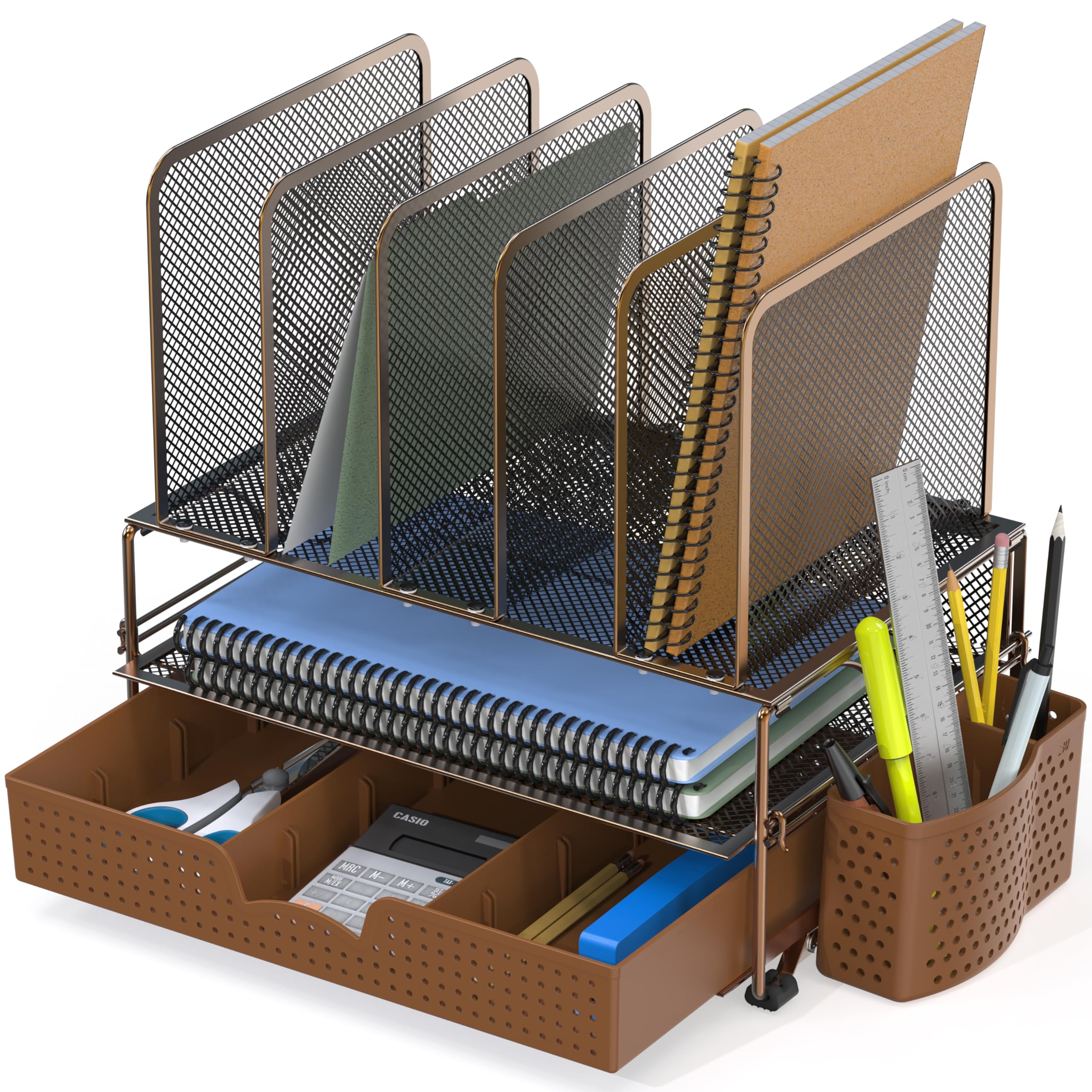 Buy now Simple Houseware Mesh Desk Organizer with Sliding Drawer, Double Tray and 5 Upright Sections, Copper at indiglob india