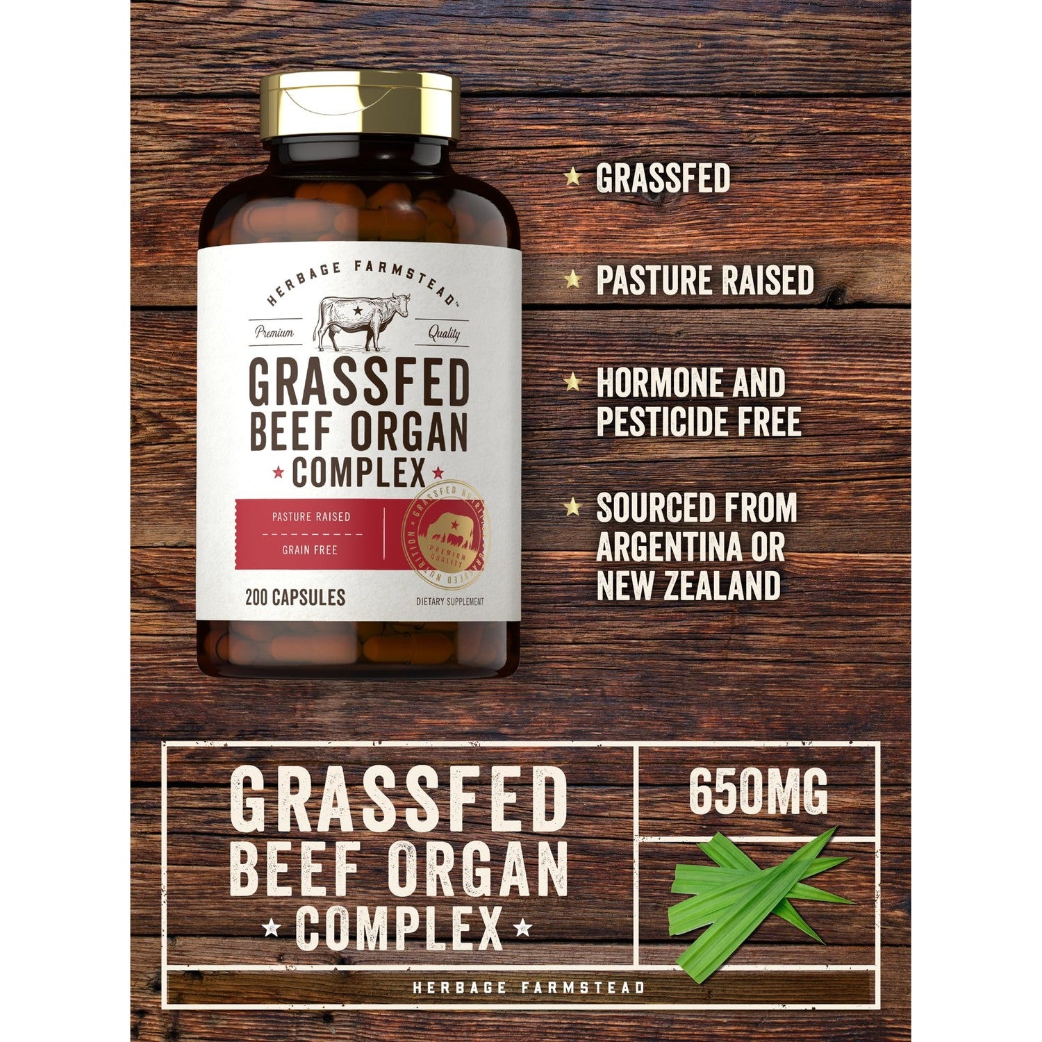 Carlyle Grass Fed Beef Organ Complex | 200 Capsules | Pasture Raised | Grain Free | with Desiccated Liver, Kidney, Pancreas, Heart, Spleen | Non-GMO, Gluten Free | by Herbage Farmstead