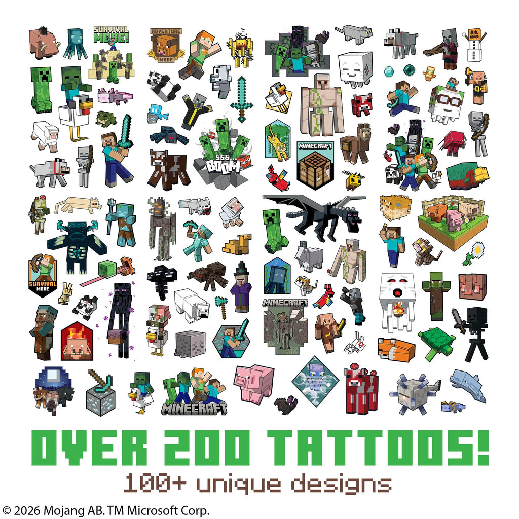 Minecraft Temporary Tattoos for Kids (200 pack). Made in the USA w Certified Safe Ink. Birthday Party Supplies and Party Favors Kit. Bulk Temporary Tattoos Stickers Set for Girls and Boys.