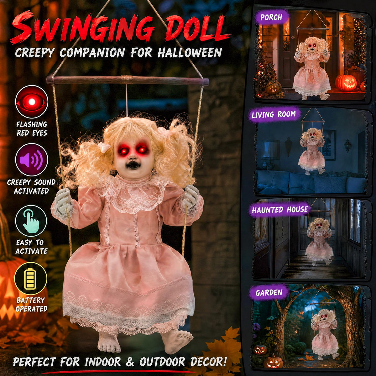 TW SHINE Halloween Animatronic Doll Decorations Outdoor, Animated Hanging Swinging Girl with Lighted Eyes Creepy Sounds, Sound Activated Scary Halloween Prop Decor for Outside Indoor Haunted House
