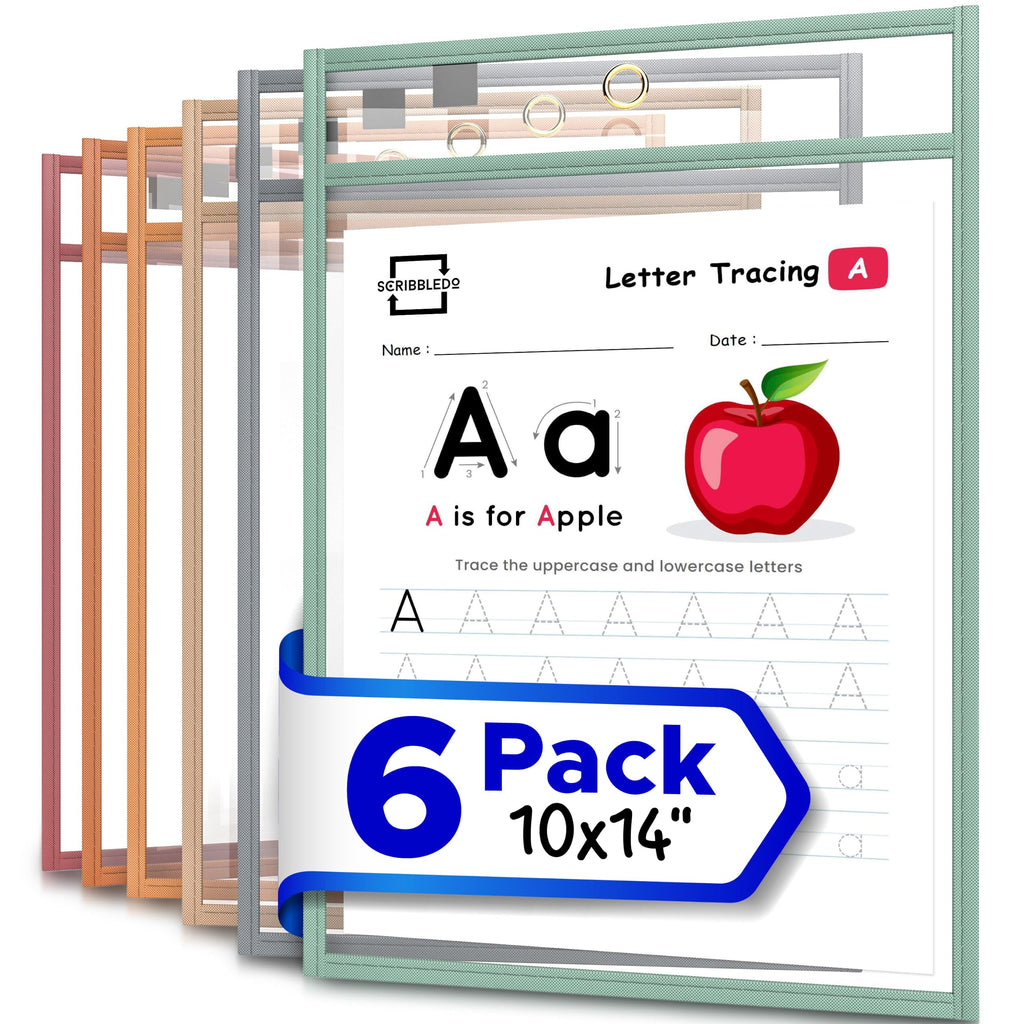 SCRIBBLEDO Dry Erase Pockets 6 Pack Boho Colors Reusable Sleeves 10x14”