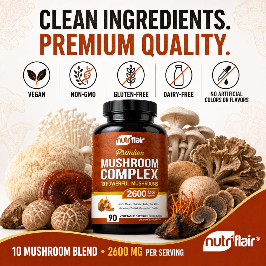 NutriFlair 10 Mushroom Complex Supplement 2600mg, 90 Capsules | Made in USA