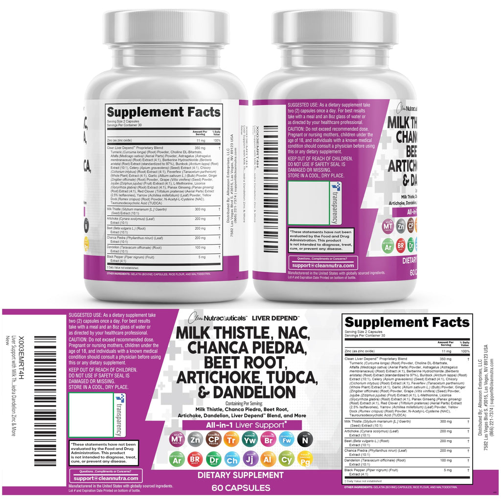 Clean Nutraceuticals Milk Thistle NAC Chanca Piedra Beet Root Artichoke Astragalus Dandelion Root - Liver Cleanse Detox & Repair Supplement Plus TUDCA Choline & Ginger - 1Pack