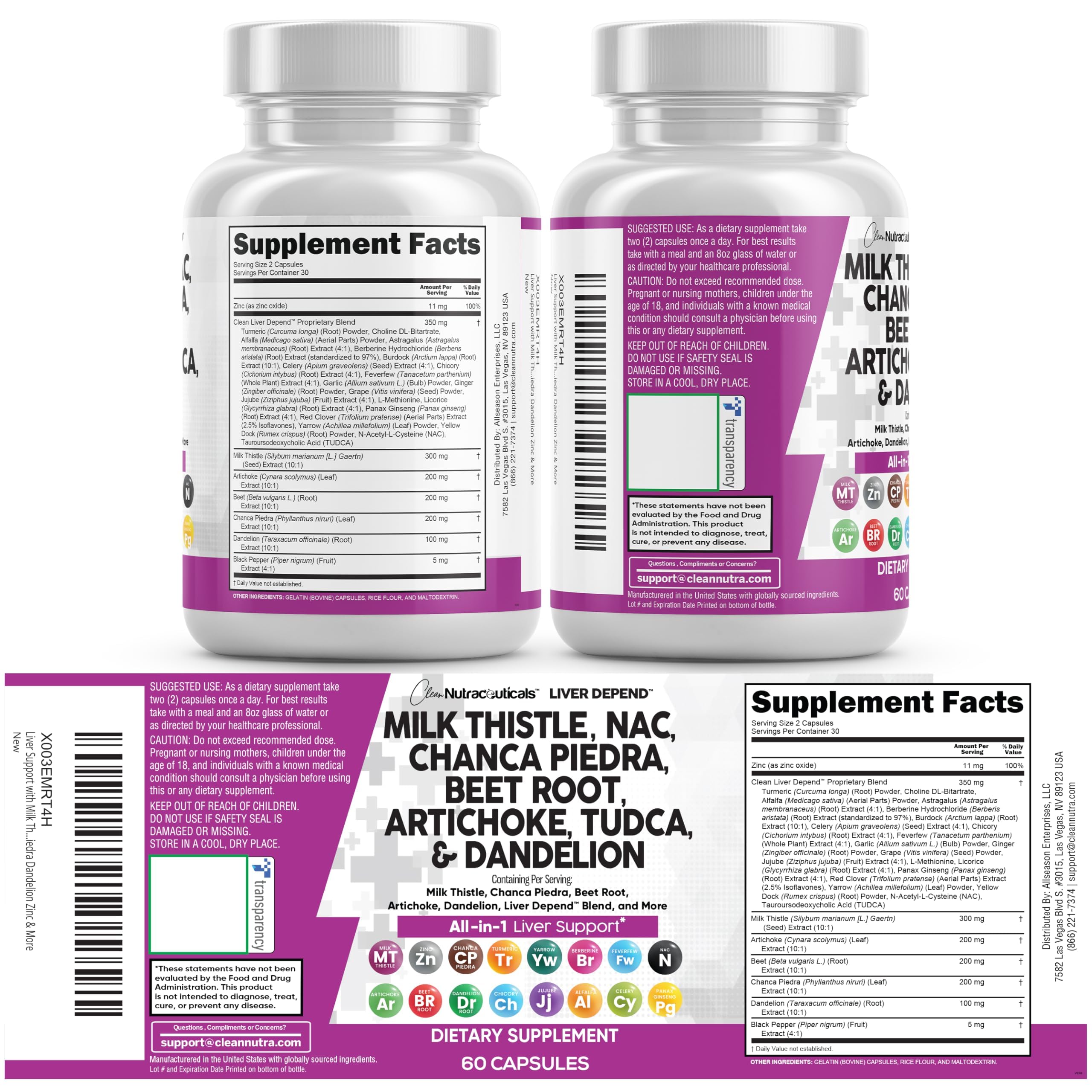 Clean Nutraceuticals Milk Thistle NAC Chanca Piedra Beet Root Artichoke Astragalus Dandelion Root - Liver Cleanse Detox & Repair Supplement Plus TUDCA Choline & Ginger - 1Pack