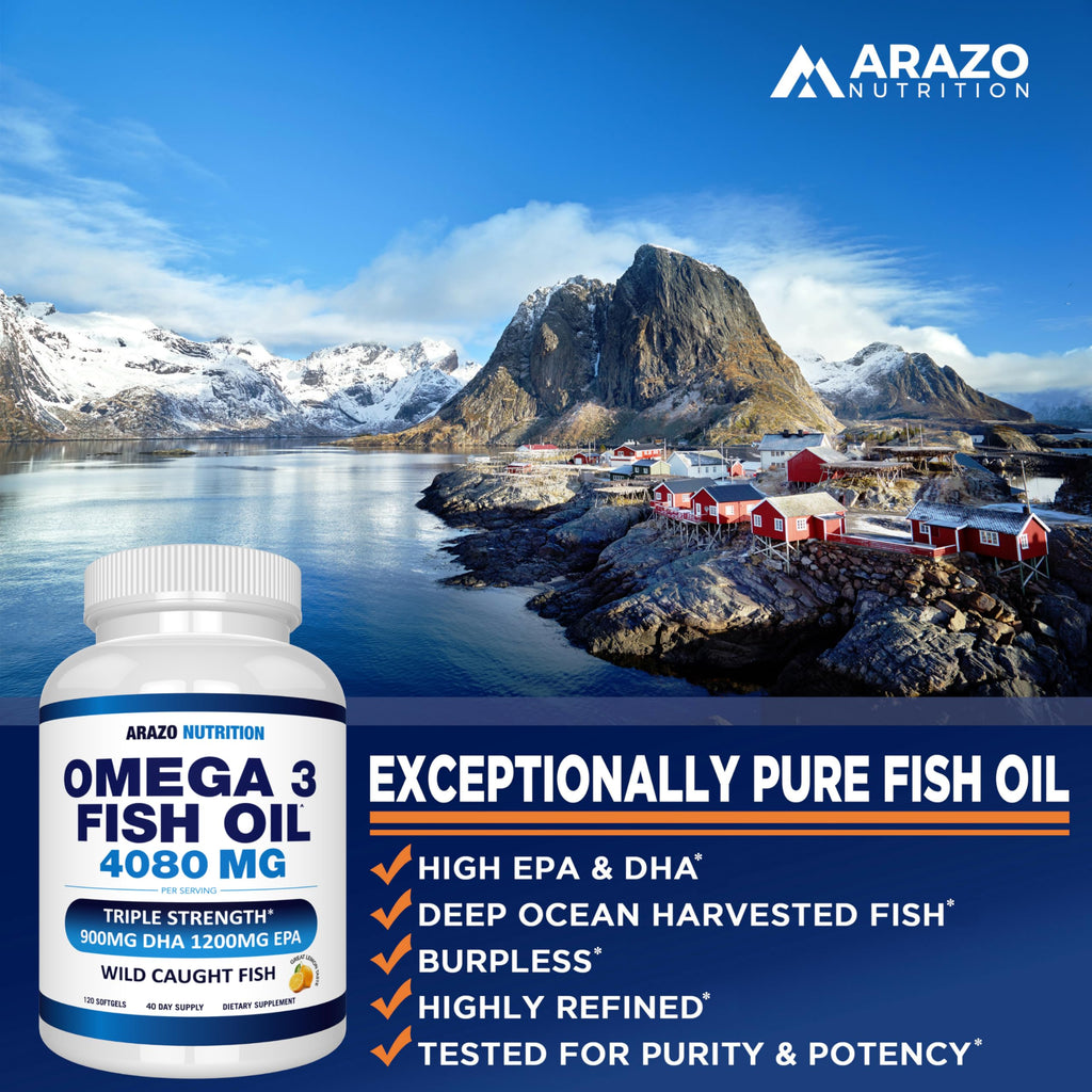 Arazo Nutrition Wild Caught Omega-3 Fish Oil Concentrate – 4,080mg per Serving – High EPA 1200mg & DHA 900mg – 120 Burpless Lemon Softgels
