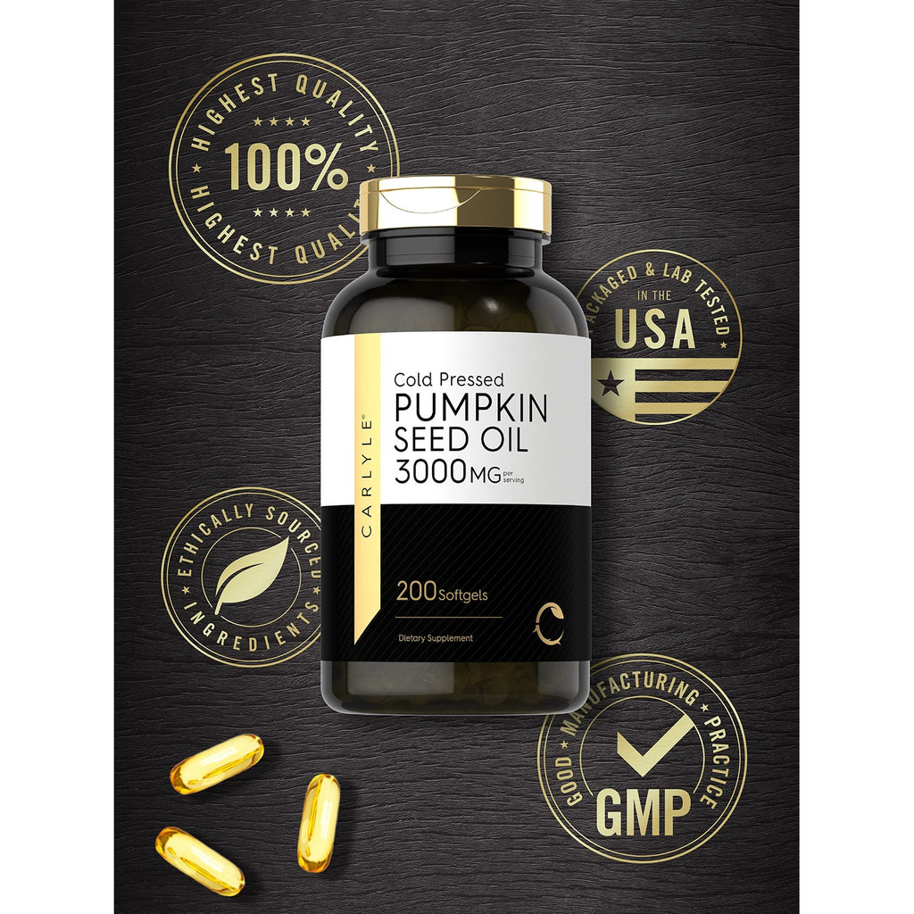 Carlyle Pumpkin Seed Oil Capsules | 3000mg | 200 Softgels | Essential Fatty Acids | Cold Pressed Dietary Supplement | Non-GMO and Gluten Free Formula