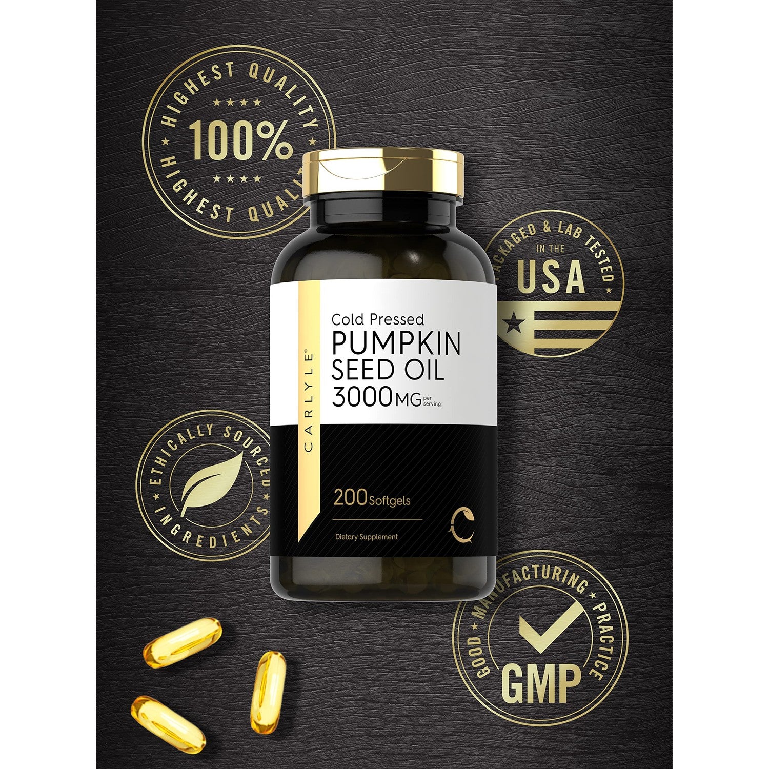 Carlyle Pumpkin Seed Oil Capsules | 3000mg | 200 Softgels | Essential Fatty Acids | Cold Pressed Dietary Supplement | Non-GMO and Gluten Free Formula