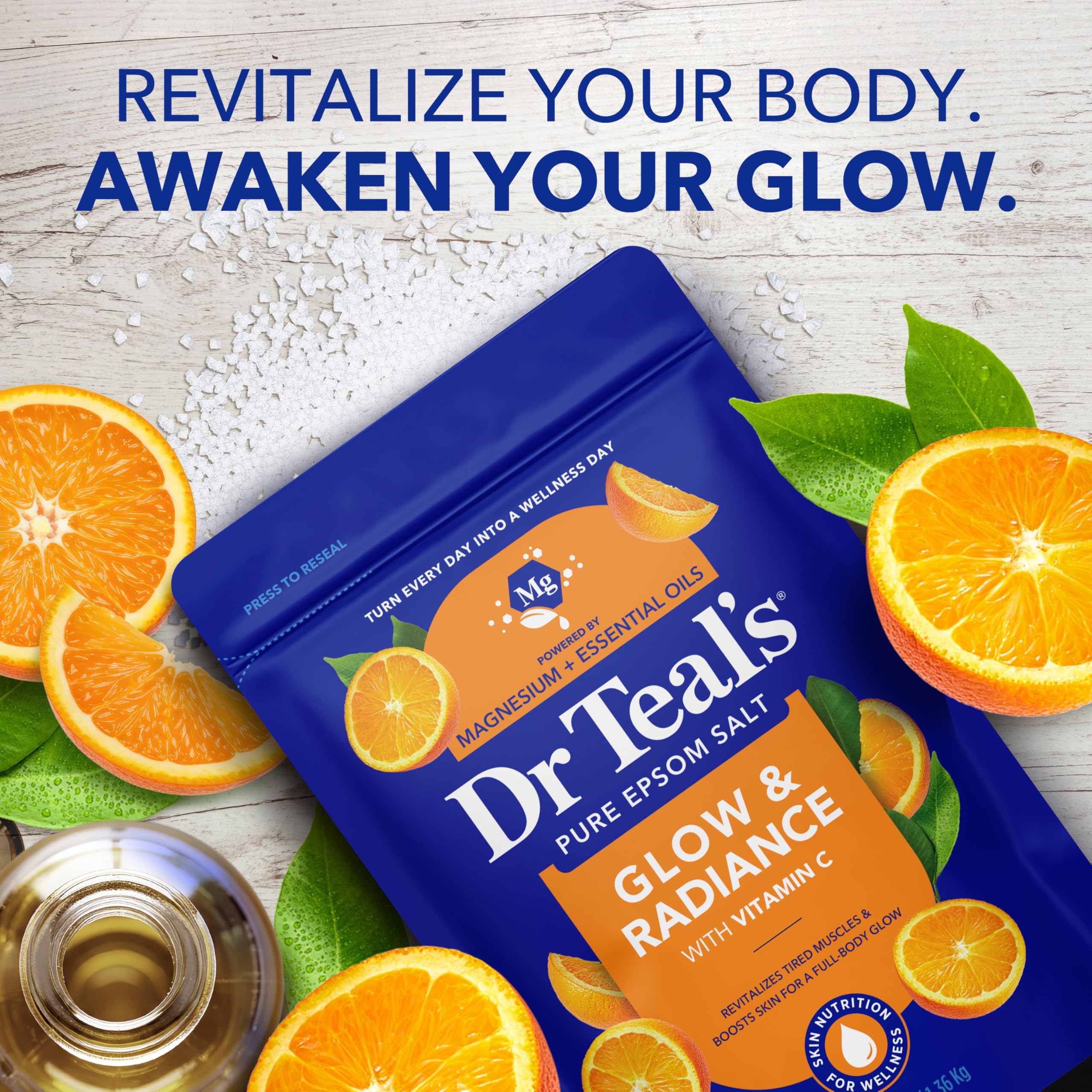 Dr Teal's Pure Epsom Magnesium Salt Soak, Glow & Radiance with Vitamin C & Citrus Essential Oils, 3 lbs