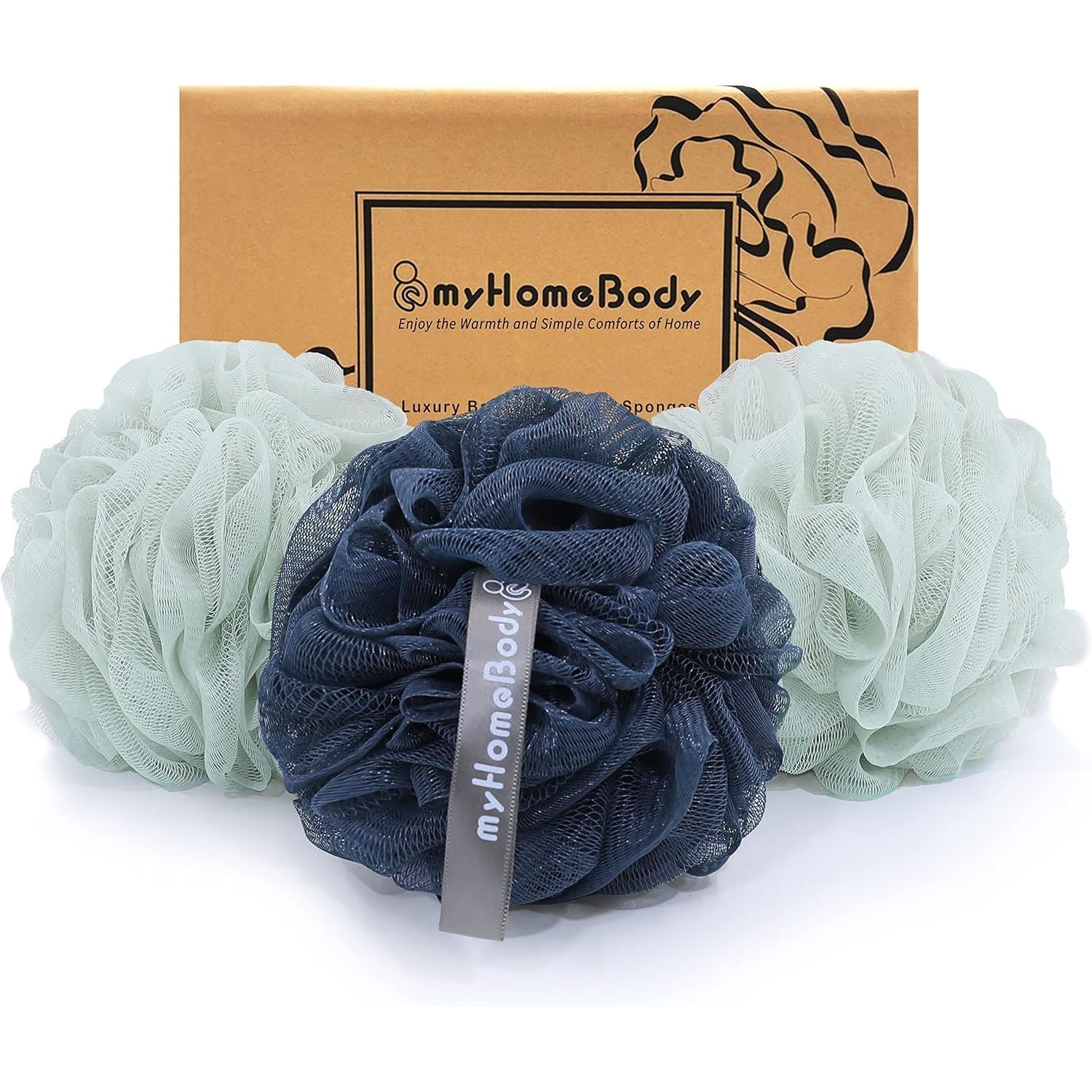 Buy now myHomeBody Large 70g Loofah Sponge, Bath Body Scrubber for Women, Men, Exfoliating Shower Pouf with Activated Charcoal - 2 Graphite Gray + 1 Sage Green, 3 Pack 2 Sea Foam Green + 1 Navy Blue at indiglob india