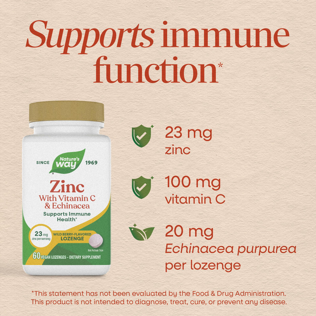 Nature's Way Zinc Lozenges with Vitamin C & Echinacea, Wild Berry, 60 ct | Zinc Supplements for Men and Women, Convenient Lozenge Supports Immune Health and Function*, Vegan, Wild Berry Flavored