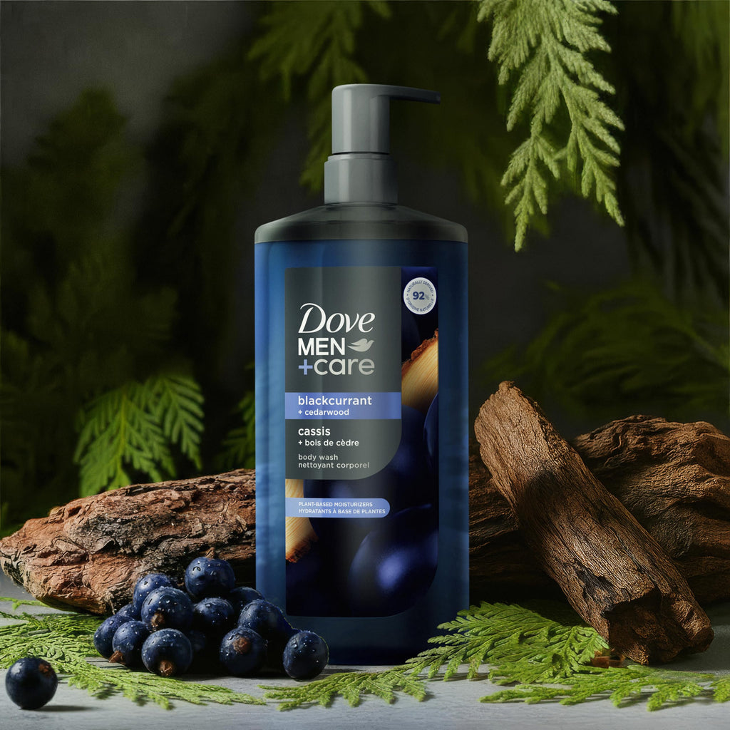 Dove Men Moisturizing Body Wash, Blackcurrant + Cedarwood, 26 oz | For dry skin, Helps nourish and hydrate, With plant-based moisturizers, For daily showers