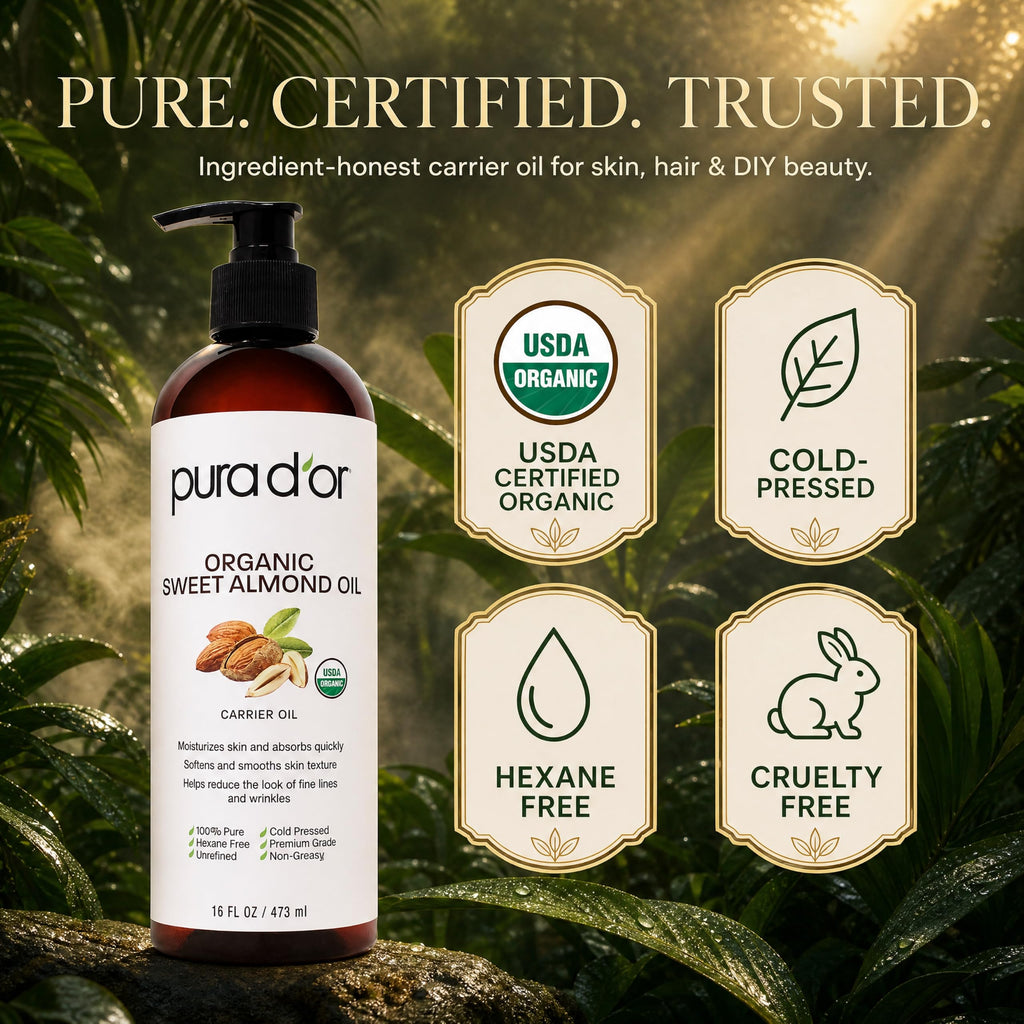 PURA D'OR ORGANIC Sweet Almond Oil, Pure Carrier Oil for Hair & Skin, 16 Oz | Moisturizes dry skin & softens strands; fast-absorbing, non-greasy feel for DIY beauty, massage & bath blends; USDA Certified