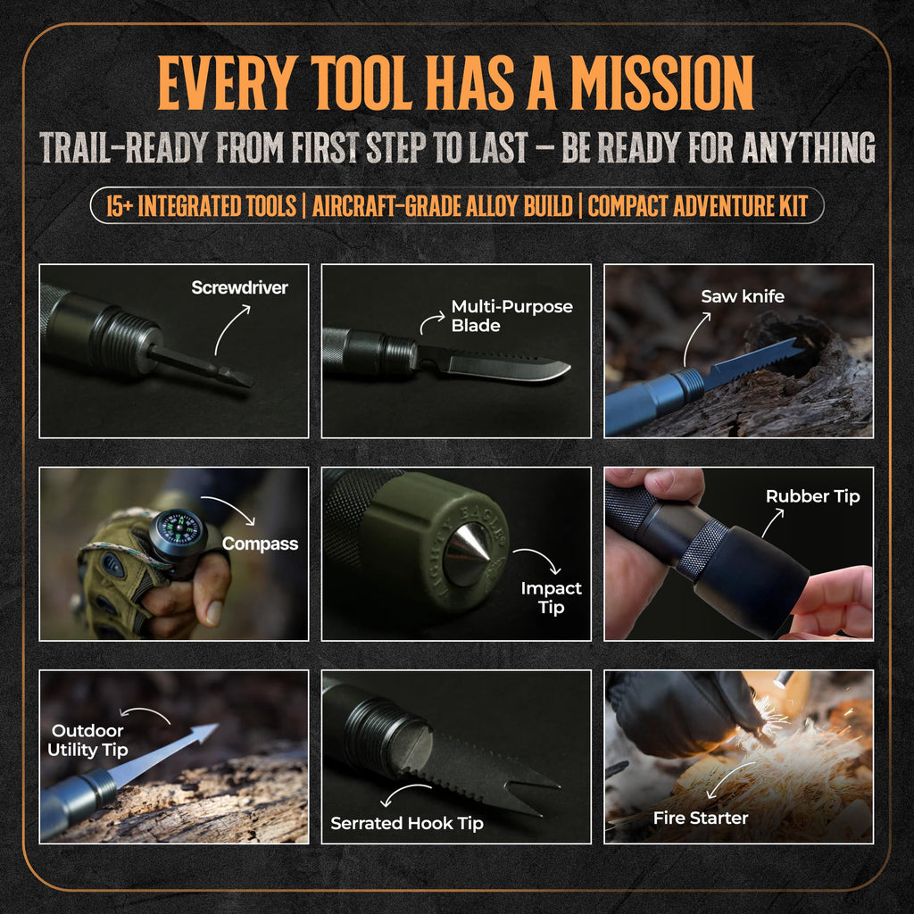 Prime Adventure 15-in-1 Tactical Survival Walking Stick & Hiking Staff – Heavy-Duty Collapsible Multitool for Camping, Hiking & Outdoor Survival Gear (8 Tubes, Premium Build)