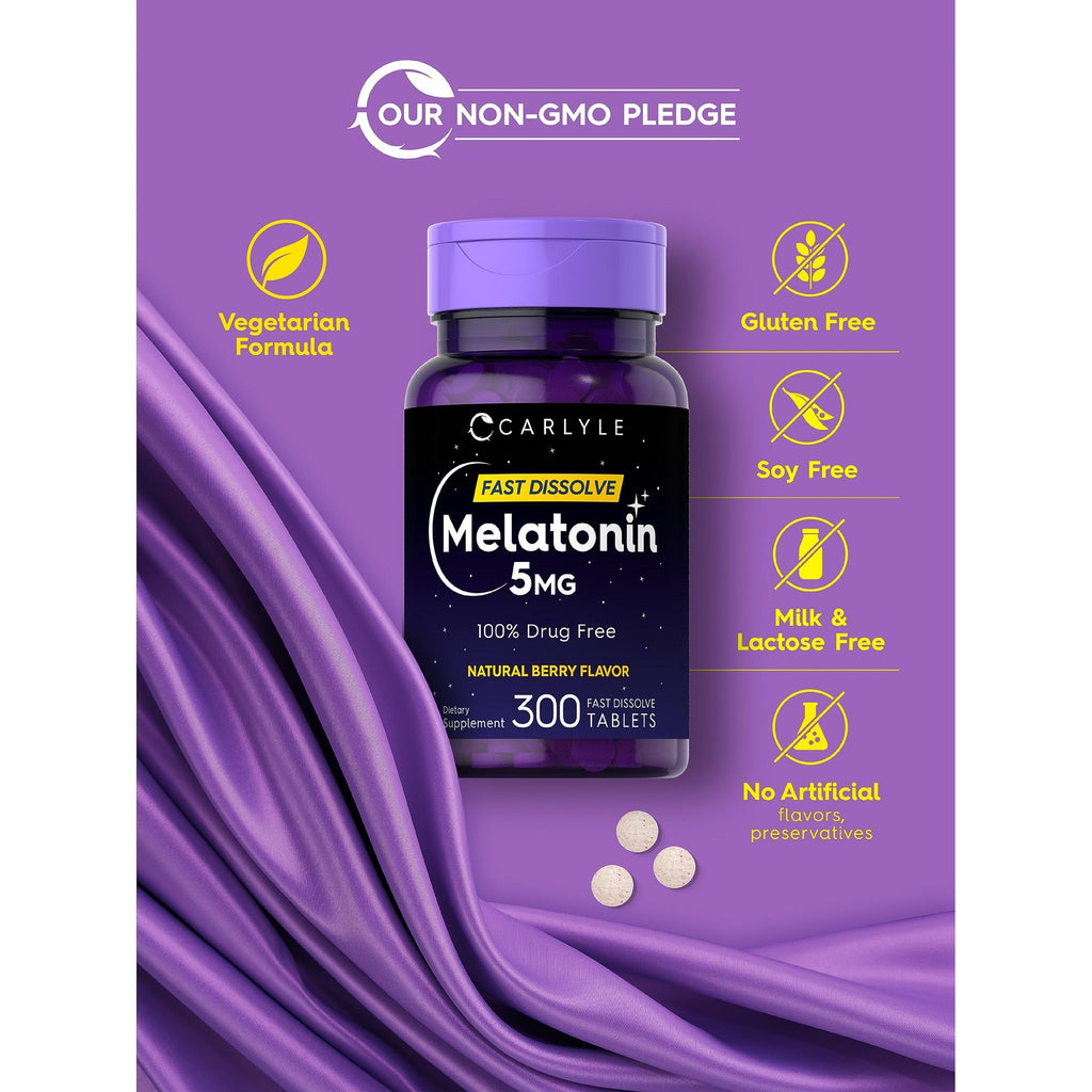 Carlyle Melatonin 5 mg Fast Dissolve 300 Tablets | Berry Flavor | Vegetarian, Non-GMO Supplement