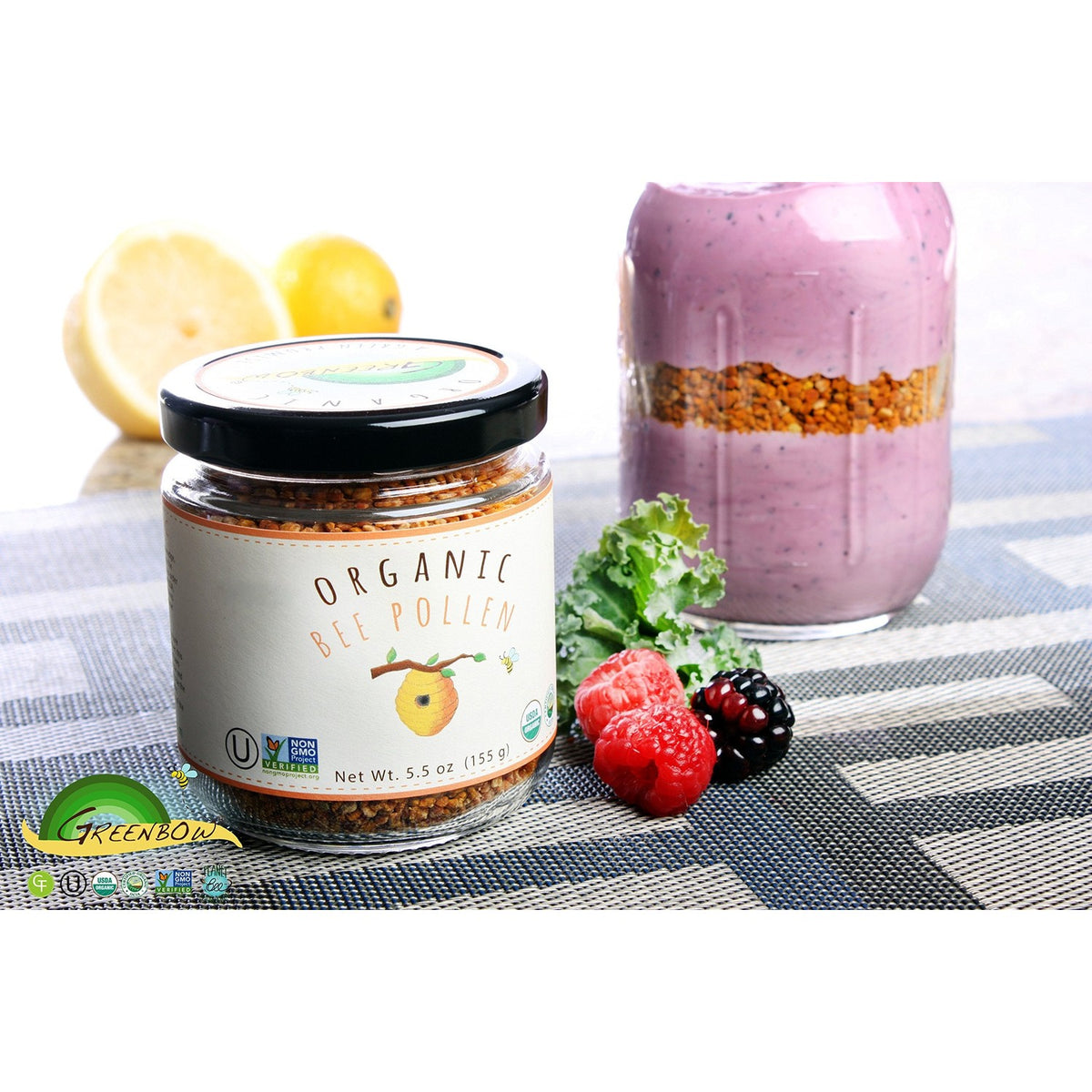 Greenbow Organic Bee Pollen - 100% USDA Certified Organic, Non-GMO, Halal, Kosher Certified, GMP, Pure & Natural Bee Pollen - Superfood Packed with Proteins, Vitamins & Minerals - Gluten Free - 155g