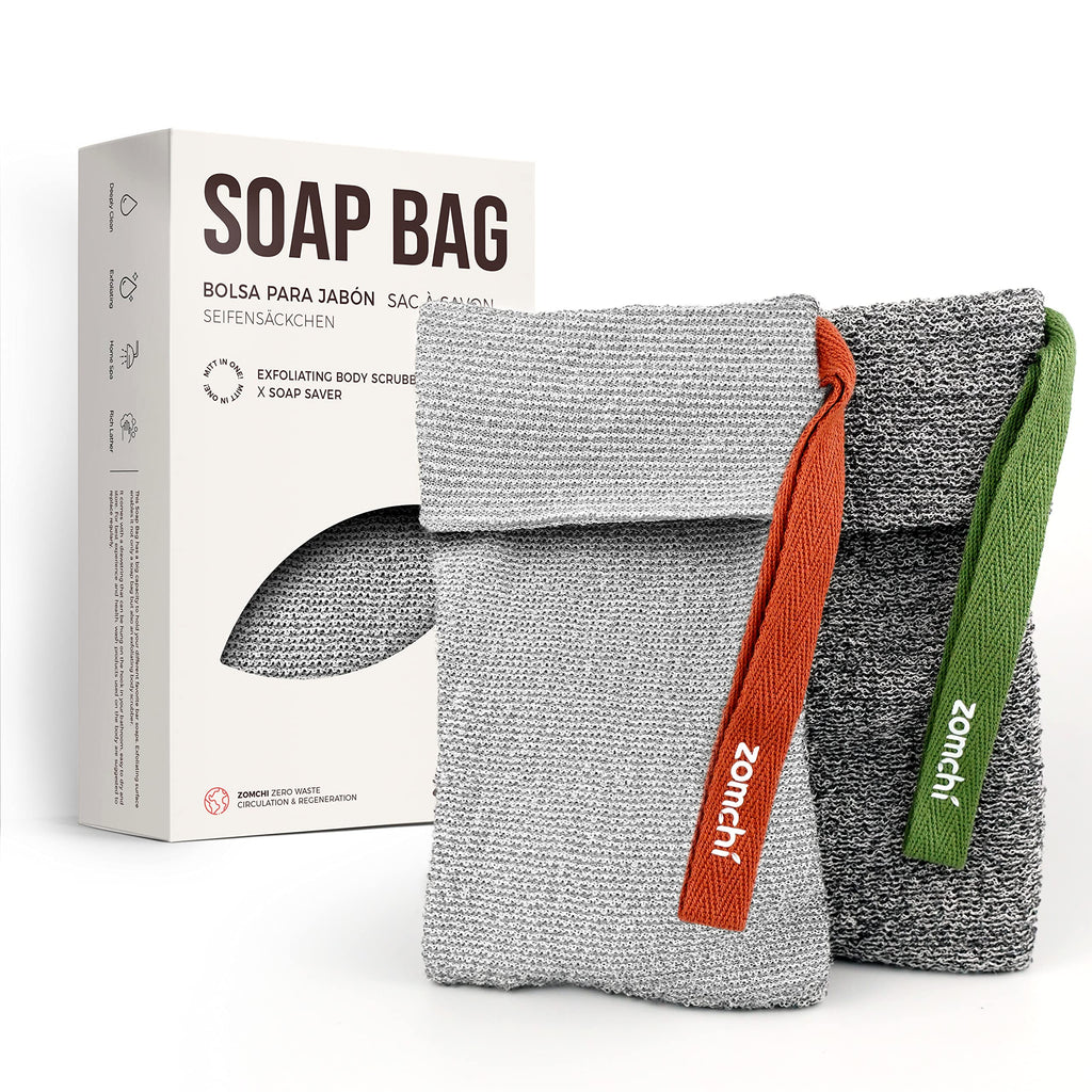ZOMCHI Soap Saver Bags for Bar Soap, 2 Pack, Deep Texture Grey | Nylon Mesh Helps Create Rich Lather, Hanging Loop, Quick Drying Design, Roomy Pouch For Bath And Shower Routines
