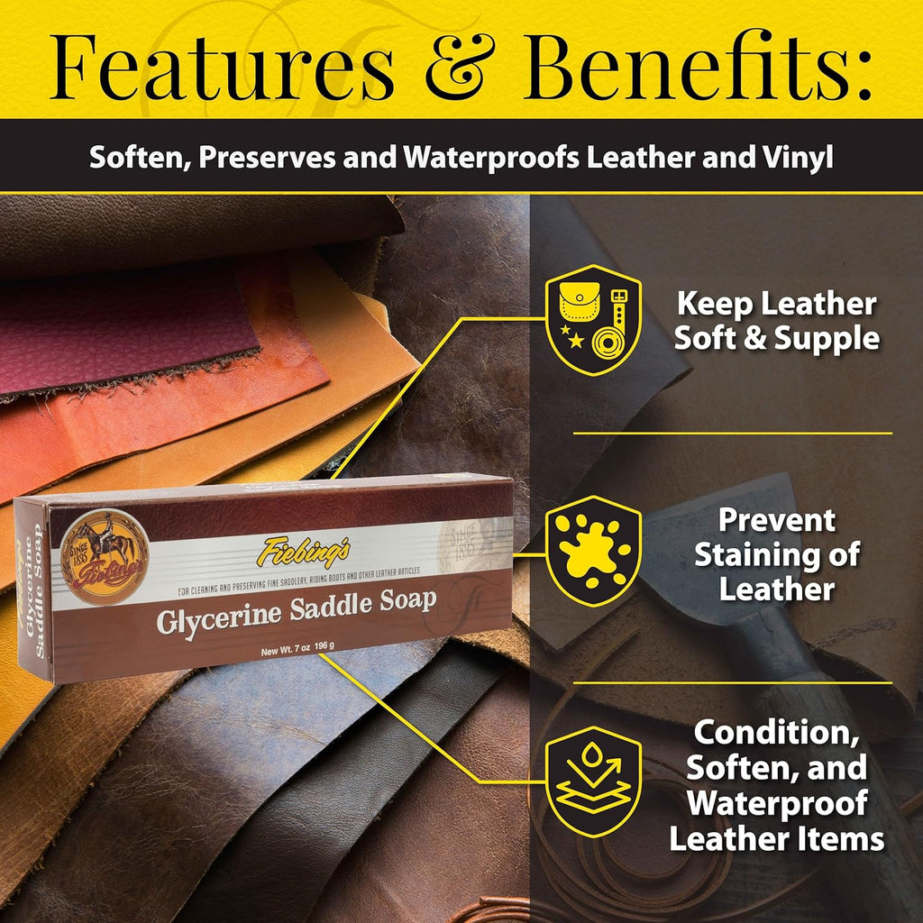 Buy now Fiebing's Glycerin Saddle Soap Bar (7 ounce) - Preserve, Restore, Condition & Clean Leather Saddlery, Riding Boots & More - Cleans without Drying, Staining or Discoloring at indiglob india