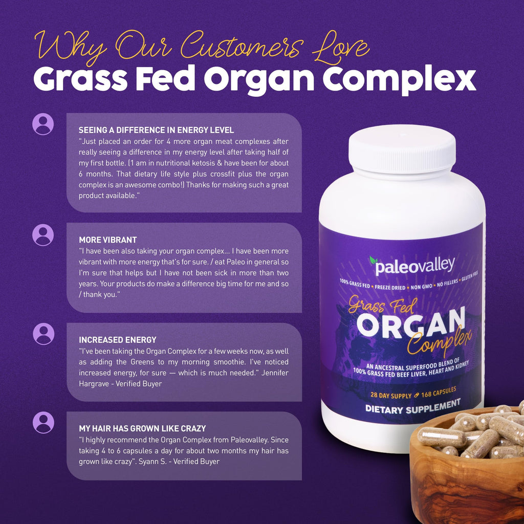 Paleovalley 100% Grass Fed Organ Complex, Beef Liver, Heart and Kidney | Whole Food Multivitamin, Vitamin B12 Supplement, Nutrient Dense Superfood, Freeze Dried, Pasture Raised, Ancestral Nutrition