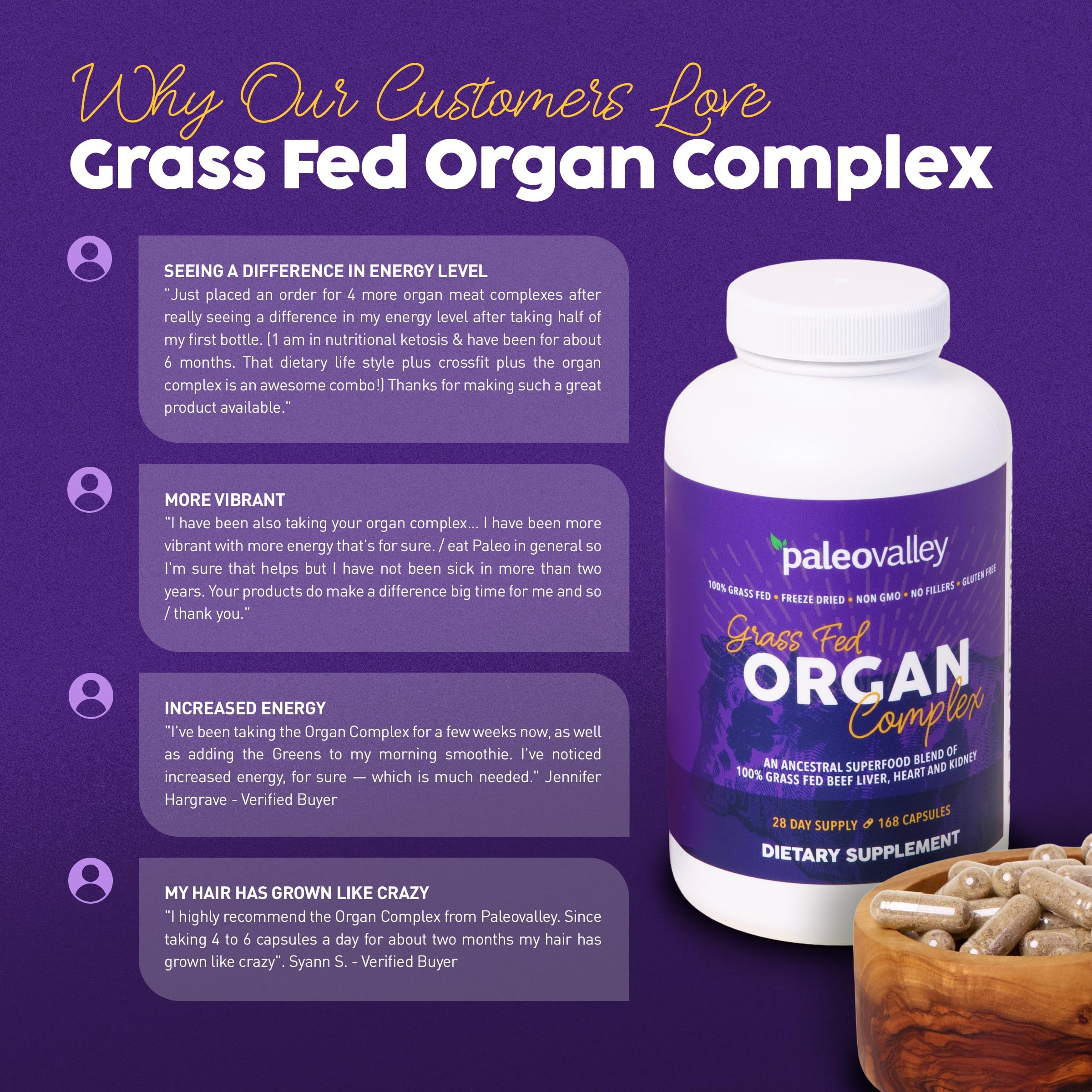 Paleovalley 100% Grass Fed Organ Complex, Beef Liver, Heart and Kidney | Whole Food Multivitamin, Vitamin B12 Supplement, Nutrient Dense Superfood, Freeze Dried, Pasture Raised, Ancestral Nutrition
