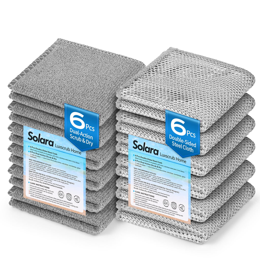 Solara Lux Scrub Cloths,Dual Action Scrubber Pads with Soft Cotton Cloth Backing, Multi-Purpose Kitchen Cleaning Rags for Stove, Bathroom, Stainless Steel, Non-Scratch & Absorbent (6+6 Combo)