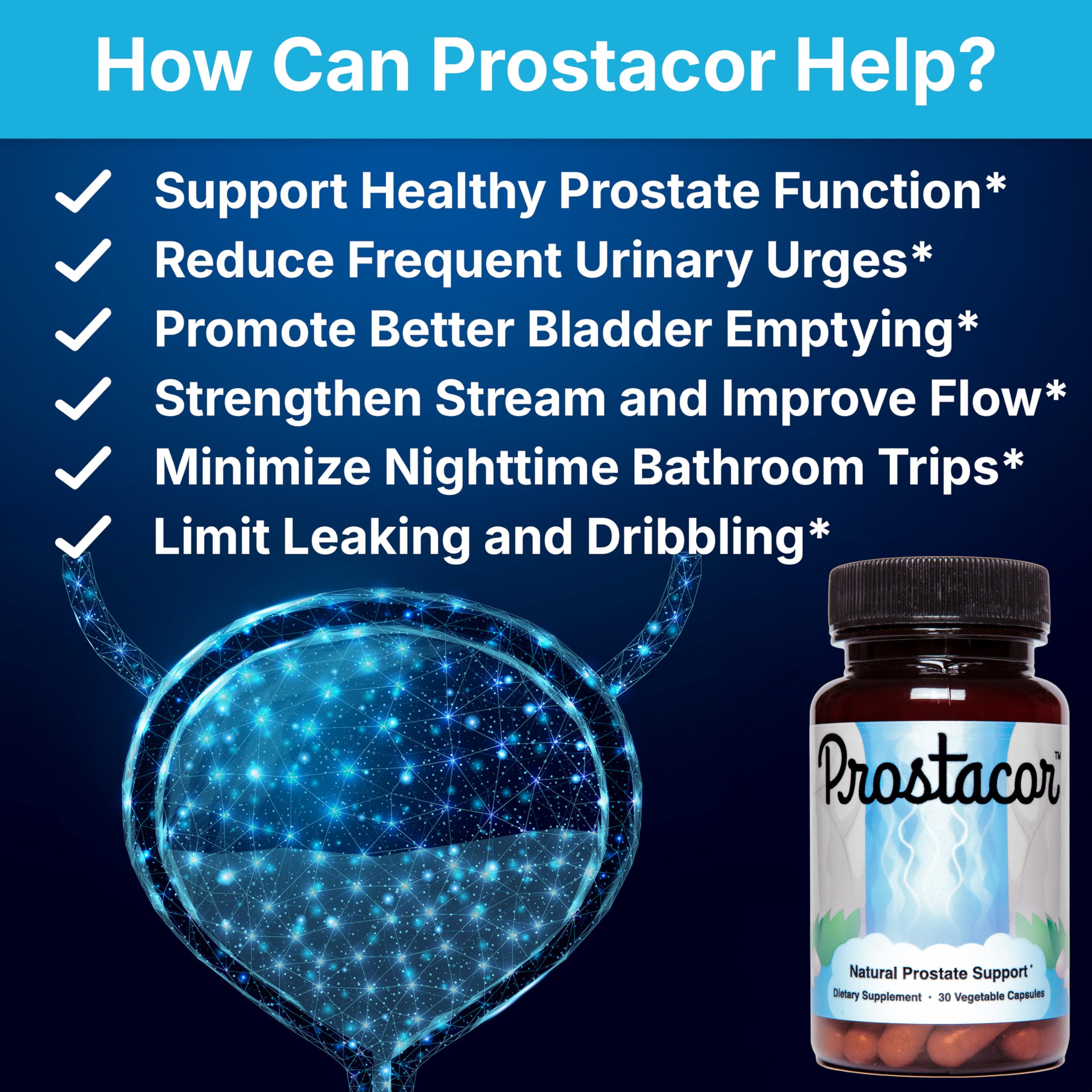 Prostacor Natural Prostate Support Supplement for Men, Vegan, Gluten-Free | Supports Healthy Urine Flow, Fewer Urges, Bladder Control, and Uninterrupted, Restful Sleep Through the Night, 30-Day Supply