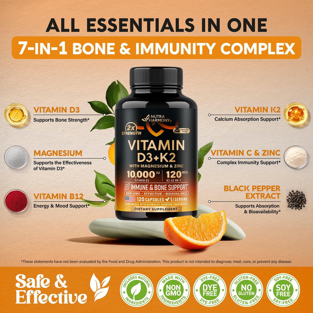 Vitamin D3 K2 - Vitamin D3 10000 iu & K2 as MK-7 120 mcg Complex - 120 Caps | D3 K2 + Magnesium, Zinc & Vitamin C & B12- Immune & Mood Support, Bone & Teeth Health - for Men & Women - Highly Bioavailable