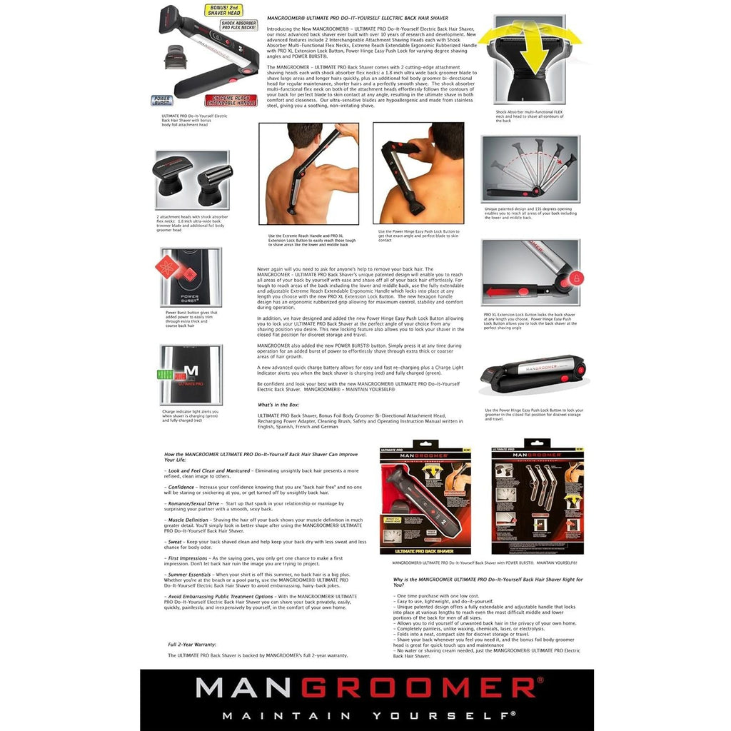 Buy now MANGROOMER - ULTIMATE PRO Back Shaver with 2 Shock Absorber Flex Heads, Power Hinge, Extreme Reach Handle and Power Burst at indiglob india
