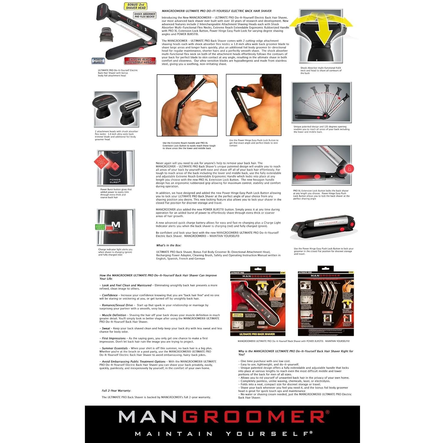 Buy now MANGROOMER - ULTIMATE PRO Back Shaver with 2 Shock Absorber Flex Heads, Power Hinge, Extreme Reach Handle and Power Burst at indiglob india