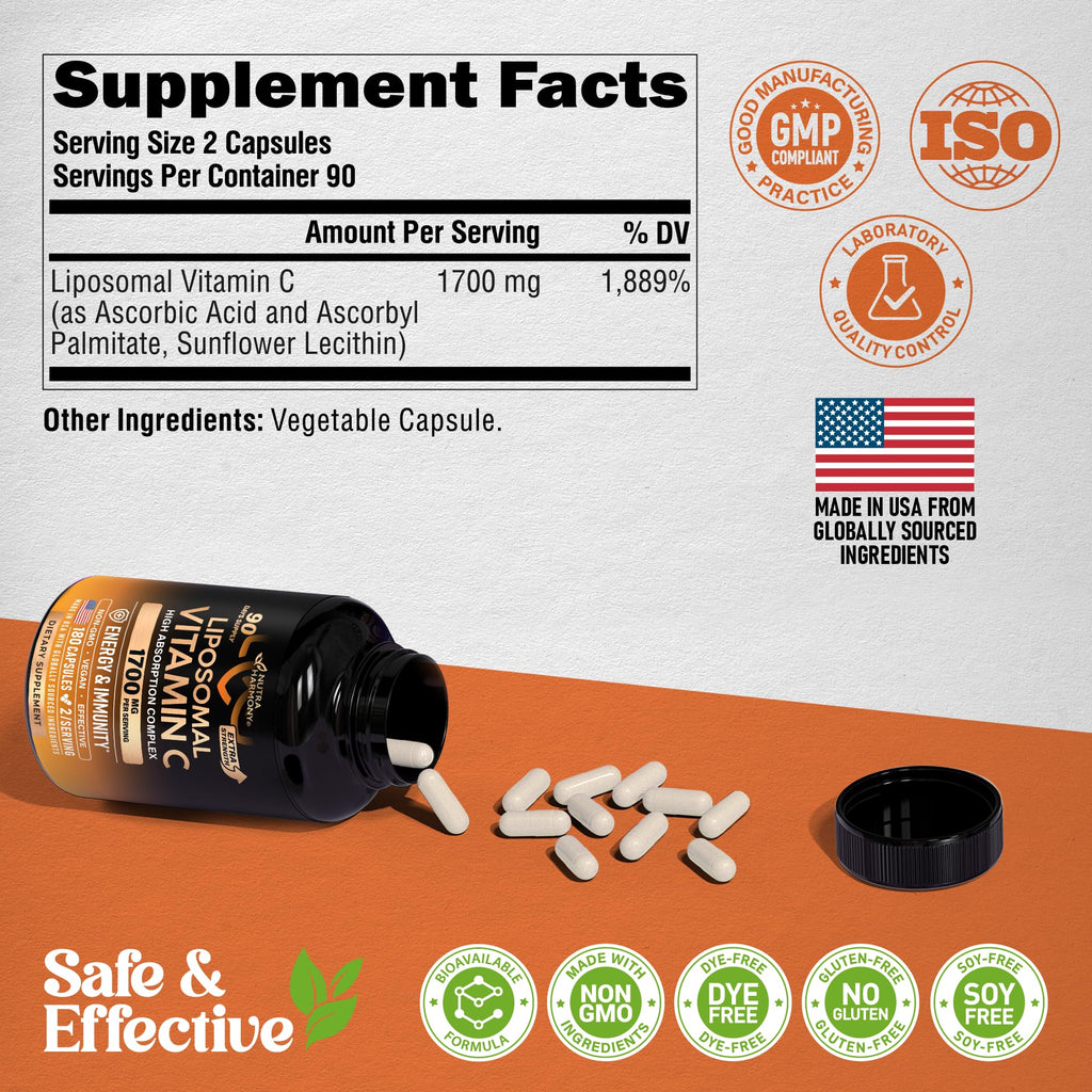Liposomal Vitamin C 1700mg - High Absorption Vitamin C Supplement - 180Caps | Fat Soluble Complex - Antioxidant, Energy Boost & Immune Support for Men & Women - NON-GMO, SOY-Free & Gentle on Stomach