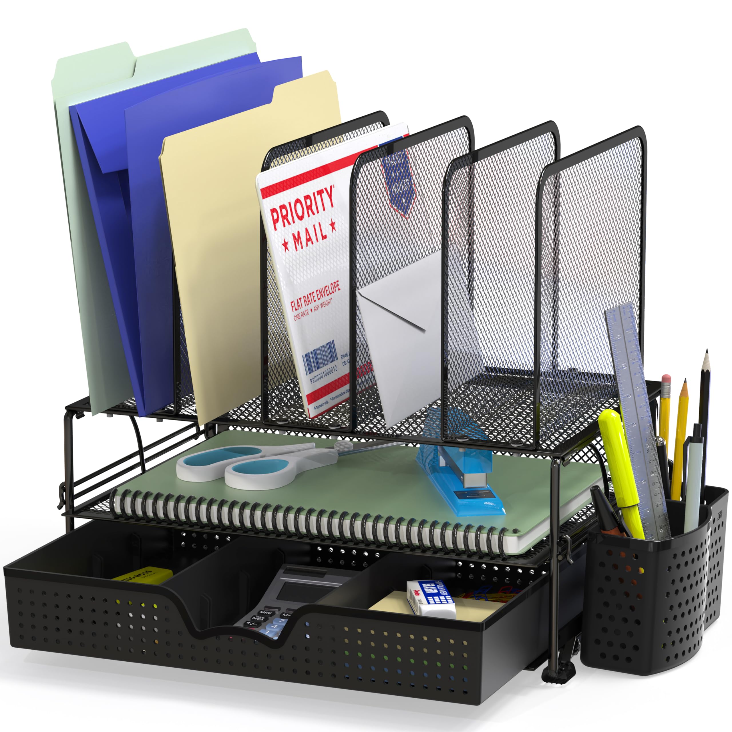 Buy now Simple Houseware Mesh Desk Organizer with Sliding Drawer, Double Tray and 5 Upright Sections, Copper Black at indiglob india