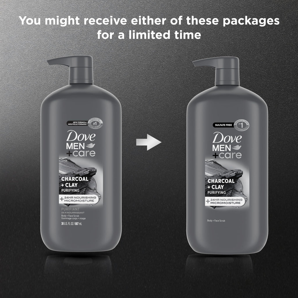 DOVE MEN + CARE Body and Face Scrub, Charcoal Body Wash, 30 oz | For rough skin, Helps exfoliate and hydrate, With charcoal + clay scrub, For daily showers, Micro moisture care
