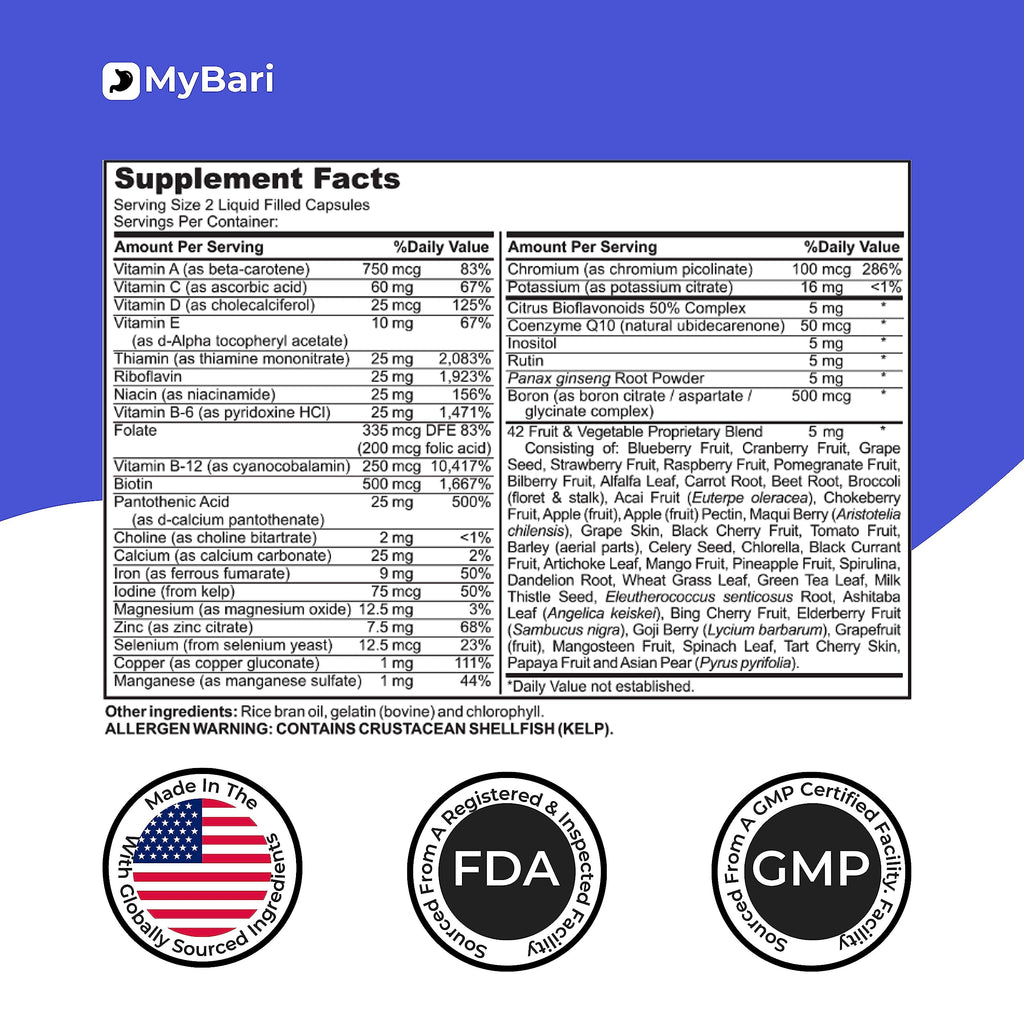 All-in-One Bariatric Multivitamin with Iron - Made in USA - for Men & Women - Supports Gastric Sleeve & Bypass with 42+ Fruit & Veggie Blend - 60 Liquid Capsules