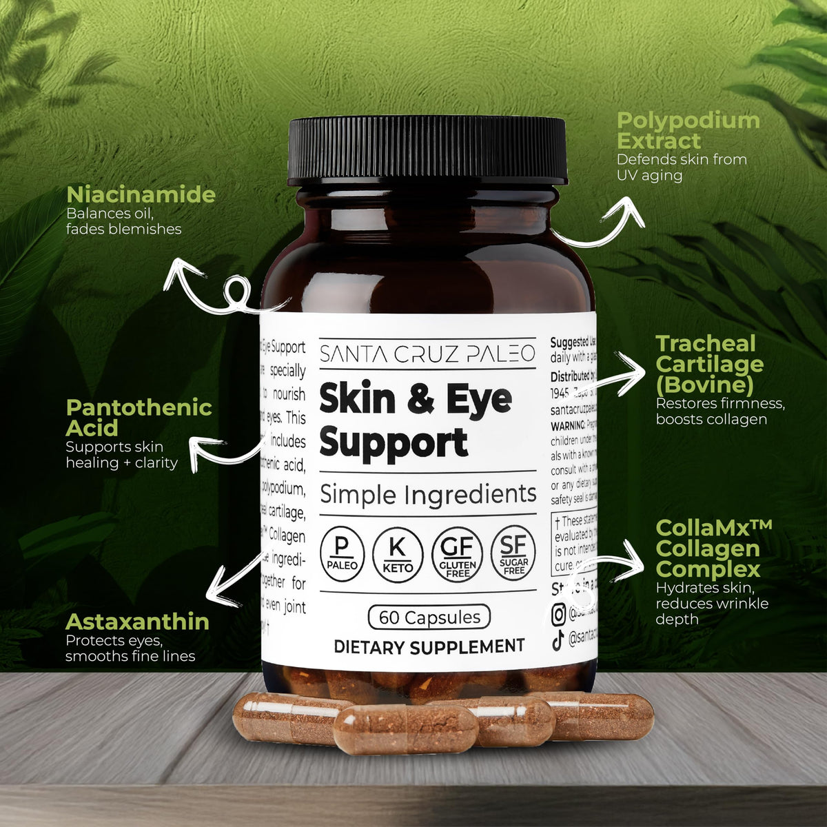 Santa Cruz Paleo Skin & Eye Capsules, Simple Daily Formula for Skin Appearance & Eye Routine, Clean Ingredients, Gluten Free, Keto & Paleo Friendly, 60 Capsules