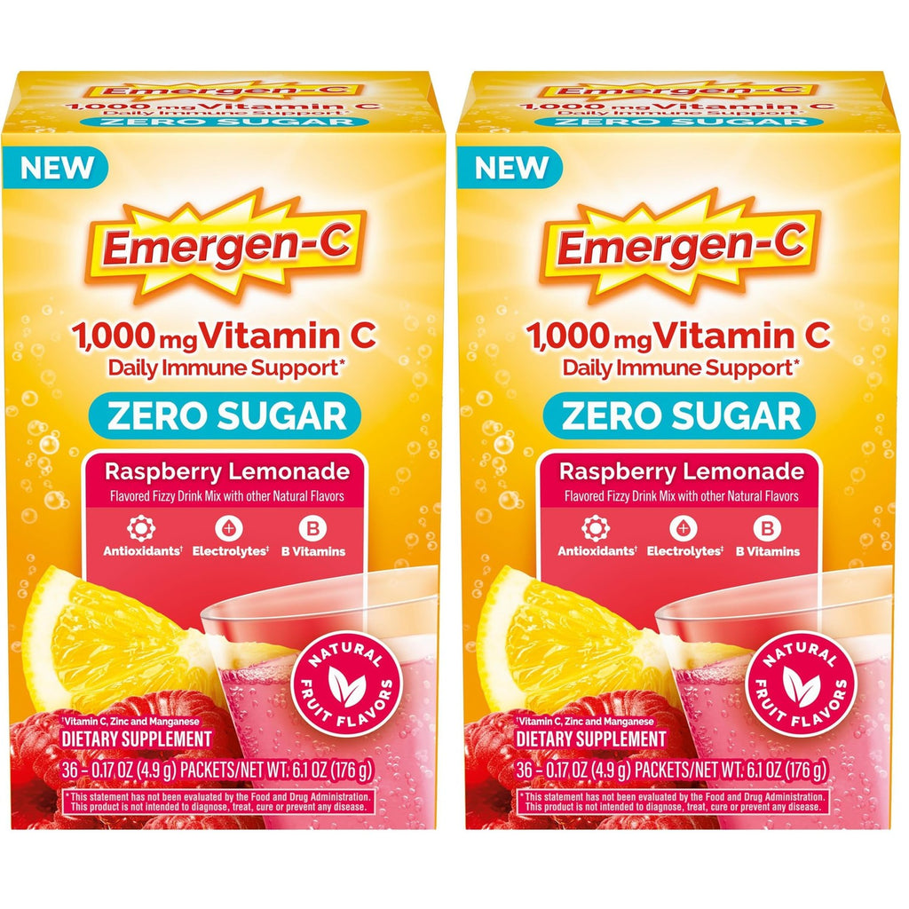 Emergen-C Vitamin C 1000mg Immune Support, Raspberry Lemonade, 36 Packets | Zero Sugar, B Vitamins for Energy, Zinc and Manganese, Electrolytes, Stevia Sweetened, Caffeine Free