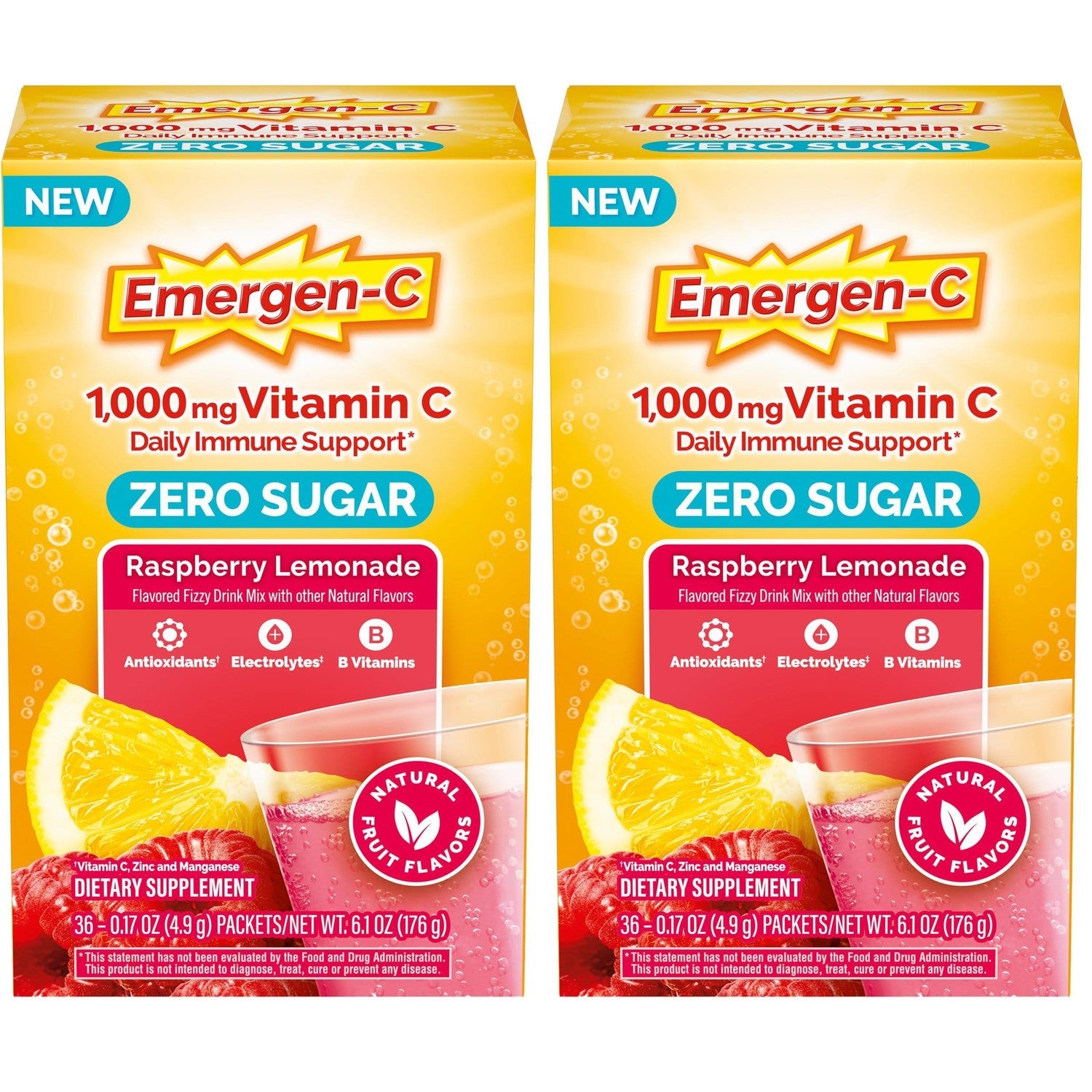 Emergen-C Vitamin C 1000mg Immune Support, Raspberry Lemonade, 36 Packets | Zero Sugar, B Vitamins for Energy, Zinc and Manganese, Electrolytes, Stevia Sweetened, Caffeine Free