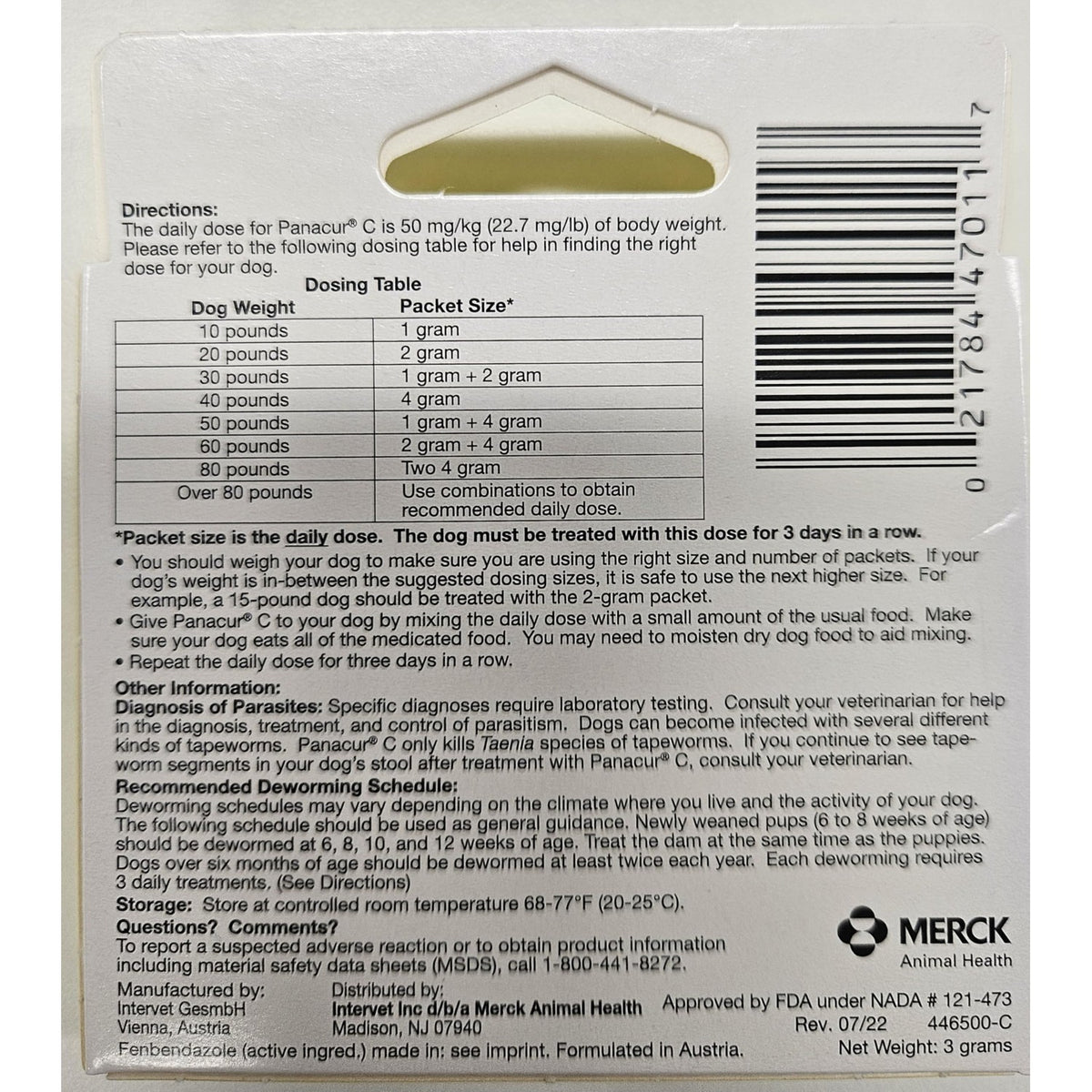 Panacur C Canine Dewormer (Fenbendazole), 1 Gram, Yellow, 3 Count (Pack of 1)