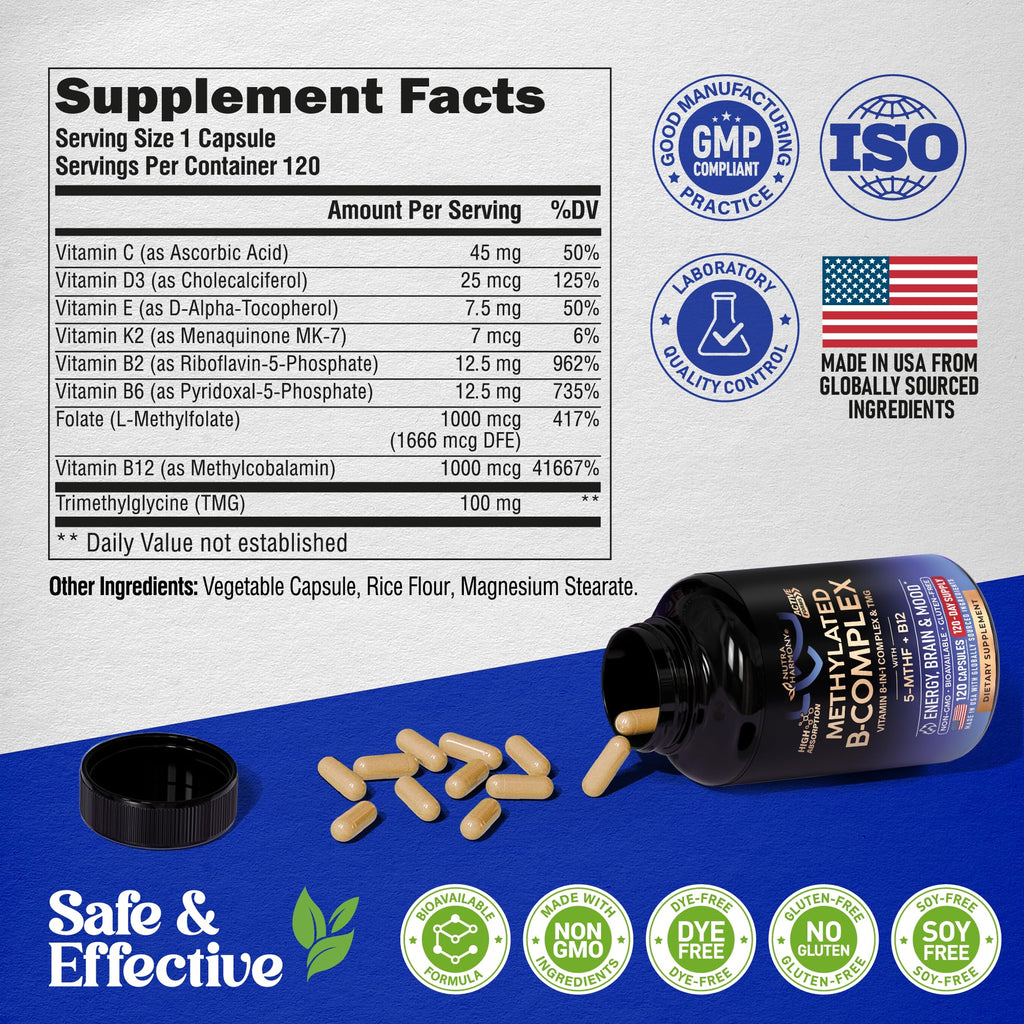 Vitamin B Complex Methylated - B-Complex with Methylfolate & B12 -120 Caps | 9-in-1 Methylated Multivitamin for Men & Women - Energy, Brain & Mood - Vegan, Lab Tested, Bioavailable
