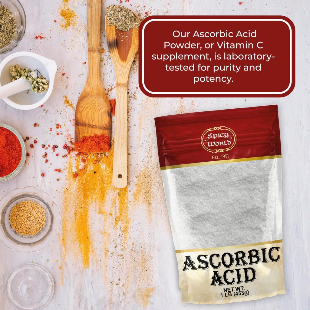 Spicy World Ascorbic Acid 1 LB Bulk Bag - Pure Vitamin C Powder - 100% Pure, Food Grade, Can be Used for Canning, Fruit, Pools - USP Grade