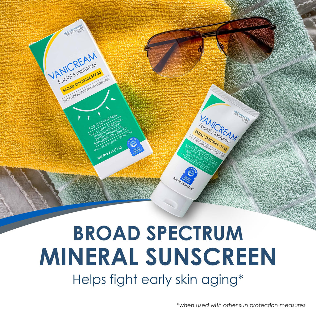 Vanicream Facial Moisturizer SPF 30, 2.5 Fl Oz, Formulated without Common Irritants for Sensitive Skin, Zinc Oxide Mineral Sunscreen, Provides Broad Spectrum Protection from UVA/UVB Rays