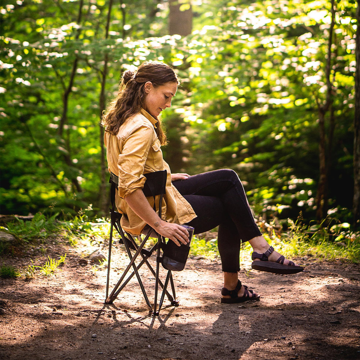 GCI Outdoor Quik-E-Seat | Portable, Folding Tripod Chair with Drink Holder and Padded Lumbar Support — Black