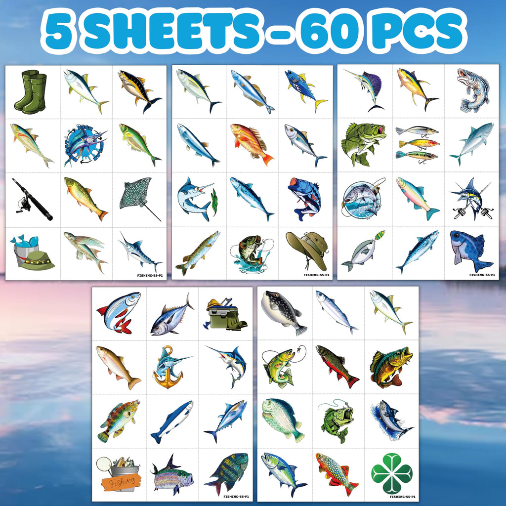 60 PCS Fishing Temporary Tattoos for Kids