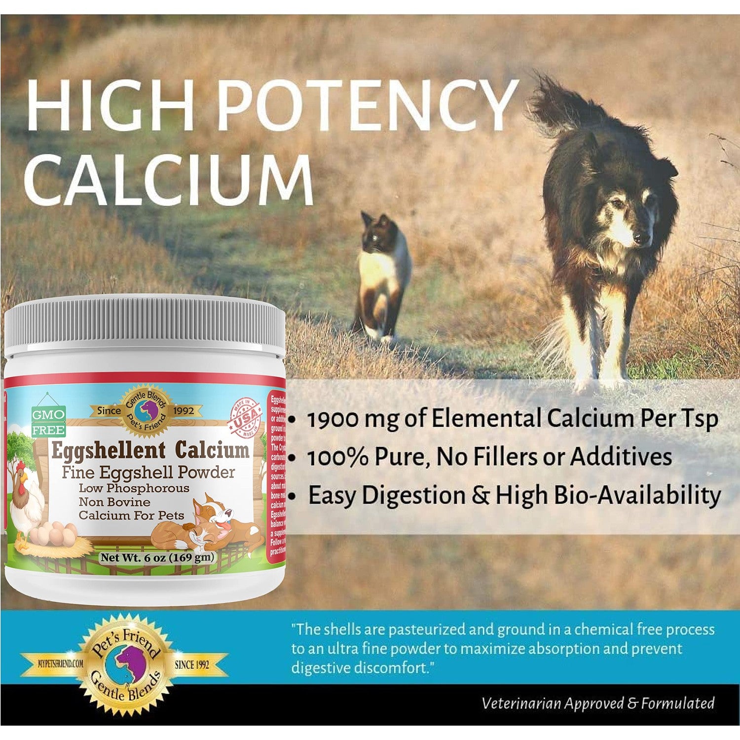 Calcium for Dogs and Cats - Fine Eggshell Powder - Strong Hip & Joint Supplement for Dogs and Cats- Dietary Supplement - No Additives - Pet's Friend Eggshellent Calcium 6oz